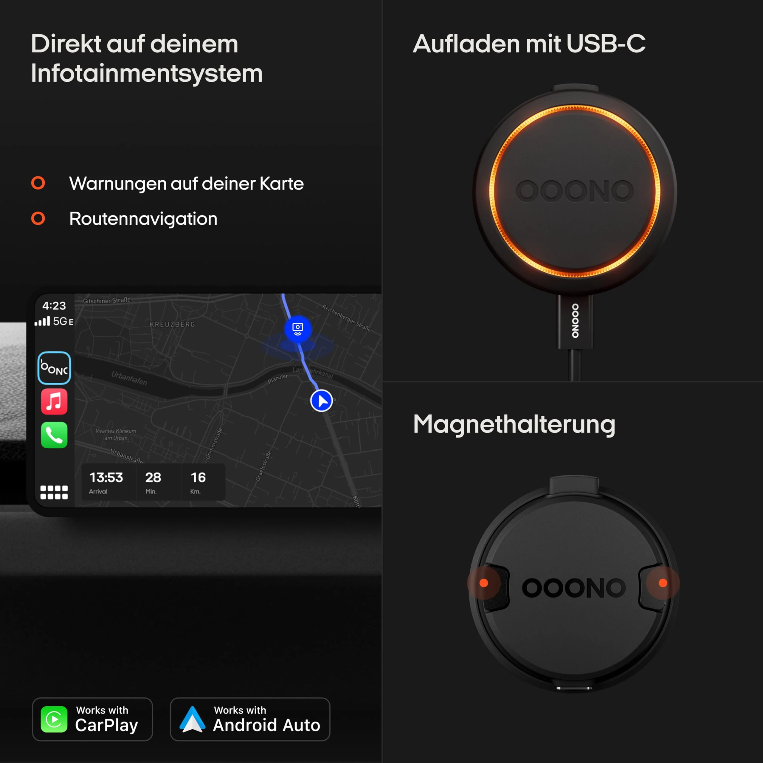 OOONO CO-Driver NO2 [NEUES Modell 2024] - Optimierter CO-Driver fürs Auto - Warnt vor Blitzern und Gefahrenstellen - Wiederaufladbar - LED-Anzeige - CarPlay & Android Auto kompatibel, Normal - Image 4