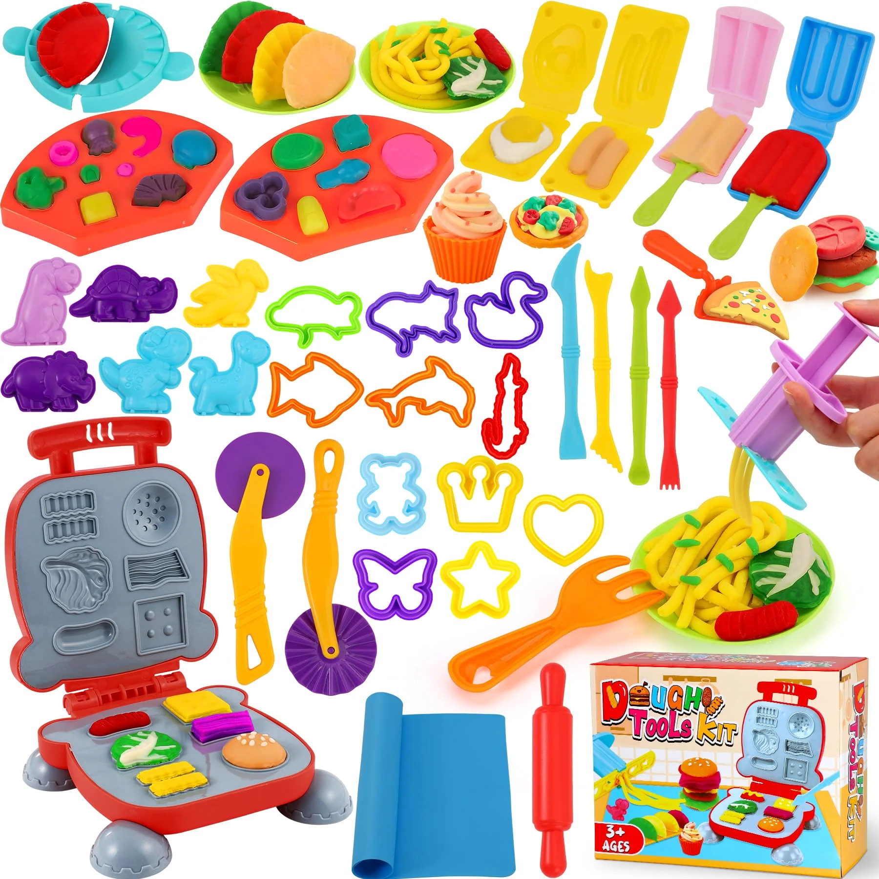 Ophy Knete Zubehör - 48 Stück Knete Set Gehören Hamburger-Maker, Knet e-Werkzeuge, Eismaschine, Nudeln, Pizza Knetwerkzeug für Kinder Küchenspielzeug Kitchen Creations Spielzeug Geschenk für ab 3