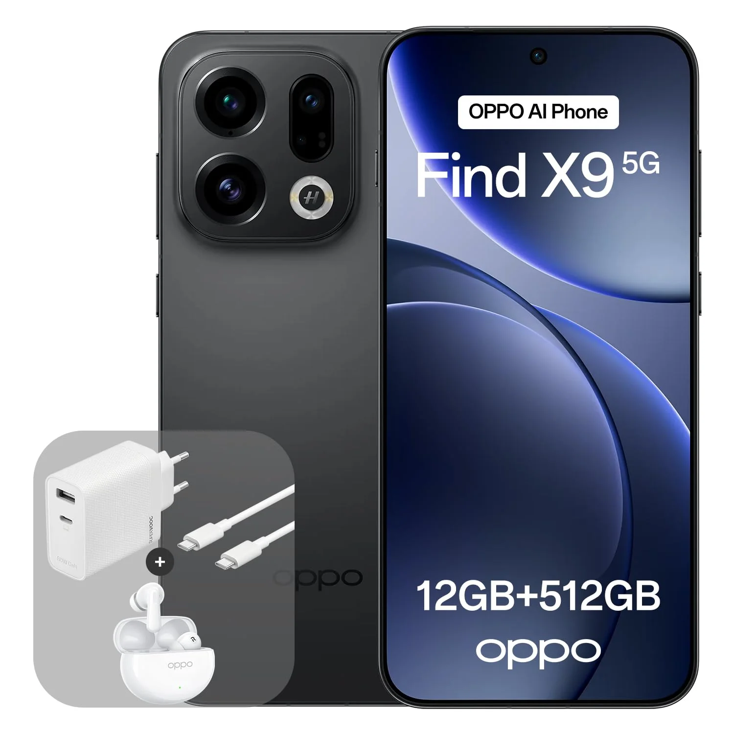 OPPO Find X9 5G 12+512GB, AI-freigeschaltetes Smartphone, 6,59" 120Hz ProXDR Display, 50MP Hasselblad-Kamera, 4K Motion, 7025 mAh Akku, IP69, Space Black (inkl. 80W SUPERVOOC Ladegerät und Enco Air4)