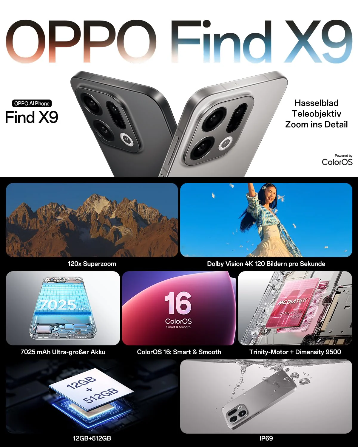 OPPO Find X9 5G 12+512GB, AI-freigeschaltetes Smartphone, 6,59" 120Hz ProXDR Display, 50MP Hasselblad-Kamera, 4K Motion, 7025 mAh Akku, IP69, Space Black (inkl. 80W SUPERVOOC Ladegerät und Enco Air4) - Image 9
