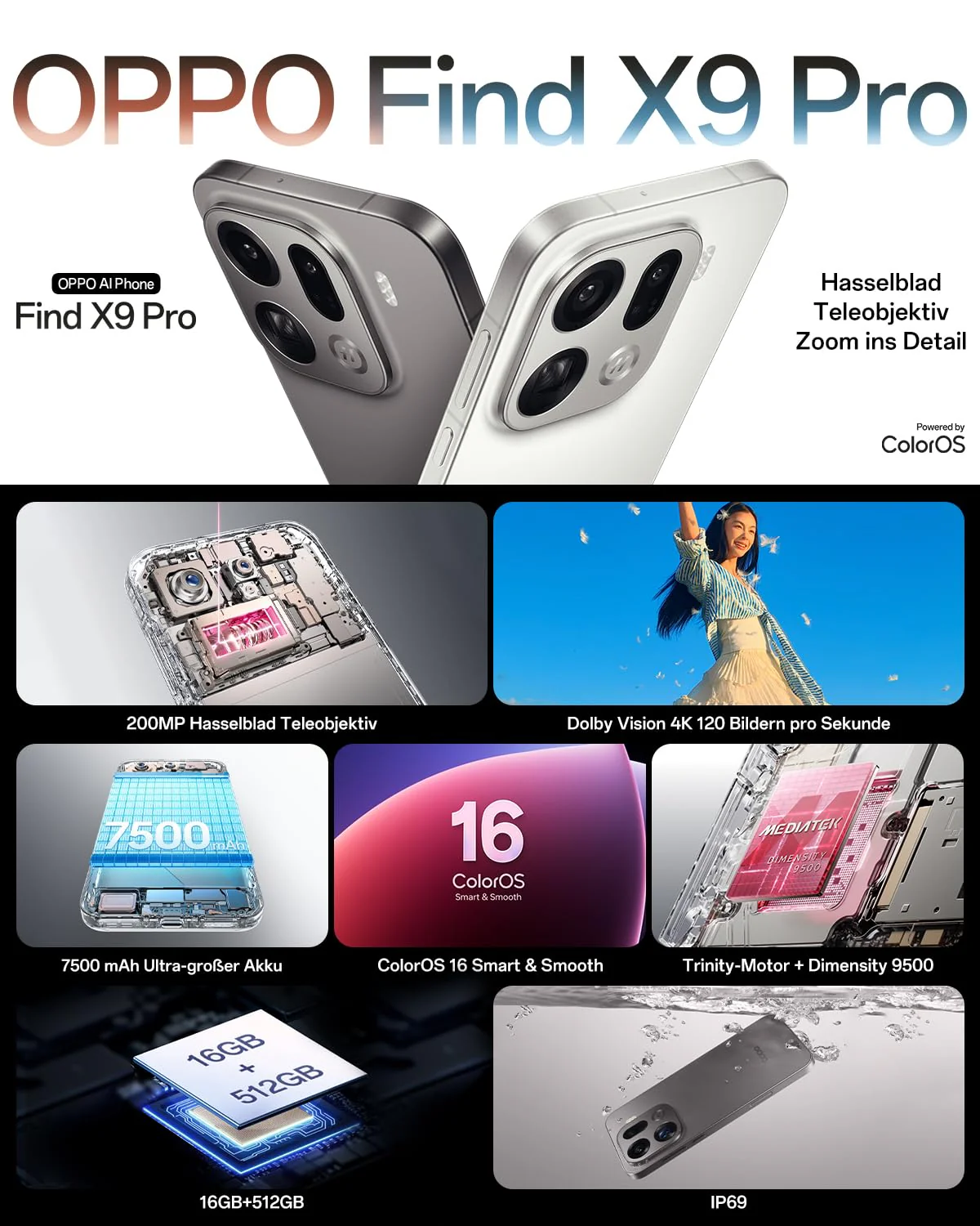 OPPO Find X9 Pro 5G 16+512GB, AI Unlocked Smartphone, 6,78" 120Hz ProXDR Display, 200MP Hasselblad-Kamera, 4K Motion, 7500 mAh Akku, IP69, Silk White (inkl. 80W SUPERVOOC Ladegerät und Enco Air4) - Image 9