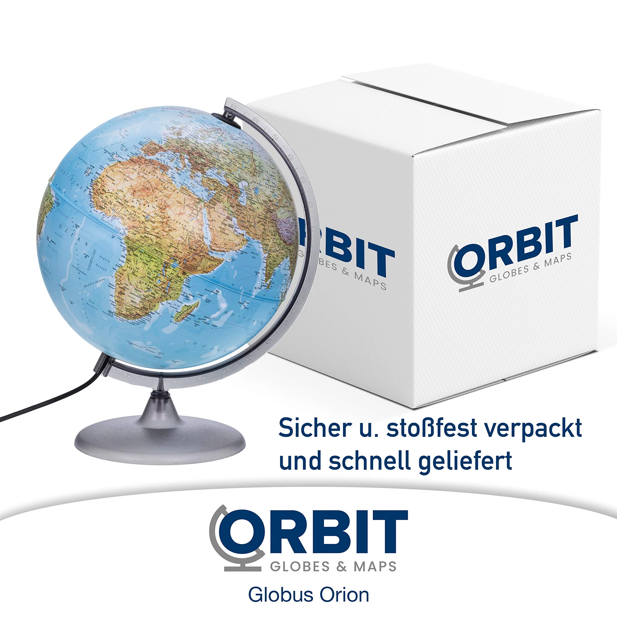 ORBIT GLOBES & MAPS - Leuchtglobus - 30cm Globus mit stabilem Standfuß, Kartenbild 2025 physikalisch/politisch mit LED Leuchte, Aktuelles deutsches Kartenbild, Schülerglobus - Image 2