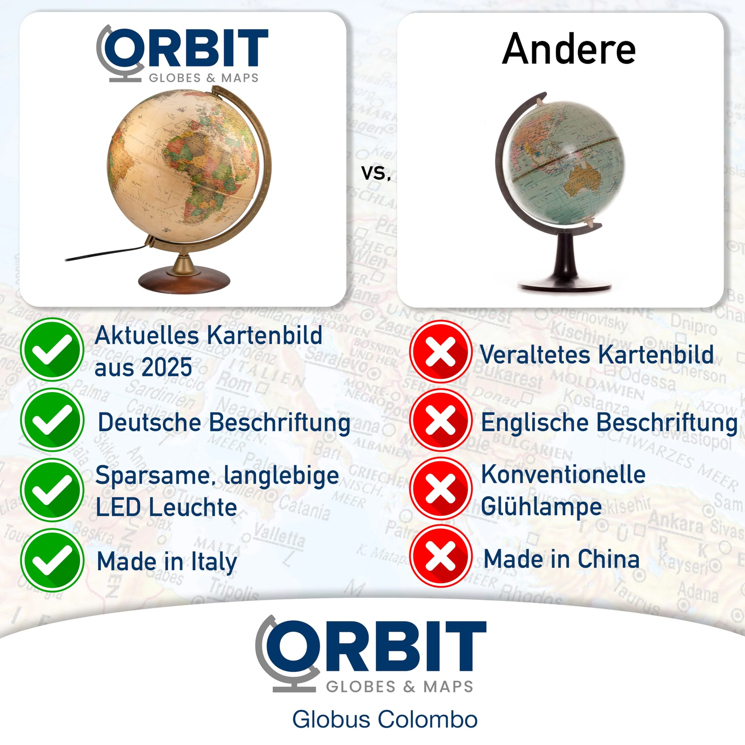 ORBIT Globes & Maps - Retro Leuchtglobus im antiken Stil - 30cm Vintage-Globus mit stabilem Standfuß, Kartenbild 2025 politisch mit LED Leuchte, aktuelles deutsches Kartenbild - Image 3