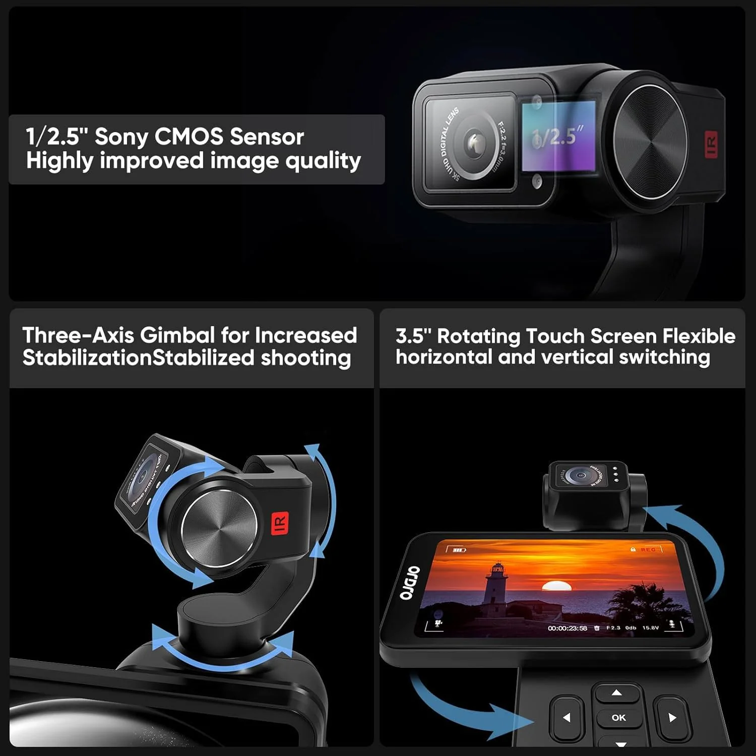 ORDRO M5 Handheld Set mit 3-Achsen-Stabilisierung, tragbare WiFi Vlog-Kamera mit IR-Nachtsicht, 120° Weitwinkel und Gesichtserkennung für YouTube - Image 3