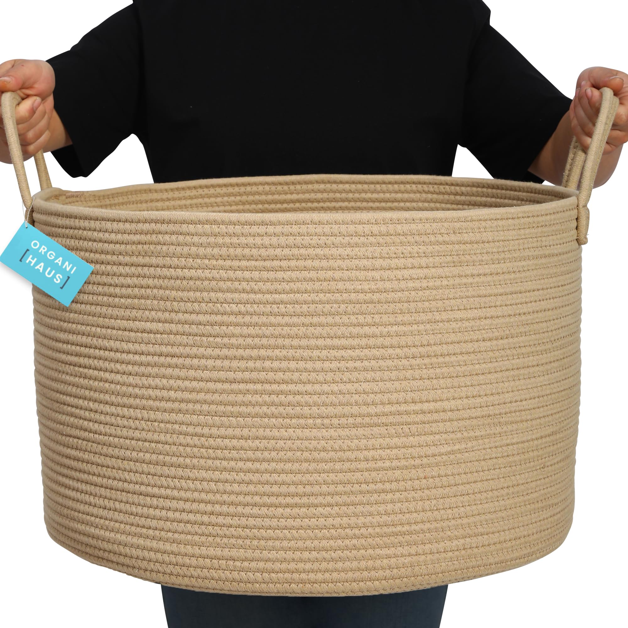 OrganiHaus Aufbewahrungskorb, Korb für Spielzeug, Wäschekorb Geflochten aus Baumwolle mit Griffen, Handtuchkorb für Badezimmer, Aufbewahrungskorb Geflochten für Wohnzimmer 50x33cm, Honigfarbe - Image 3