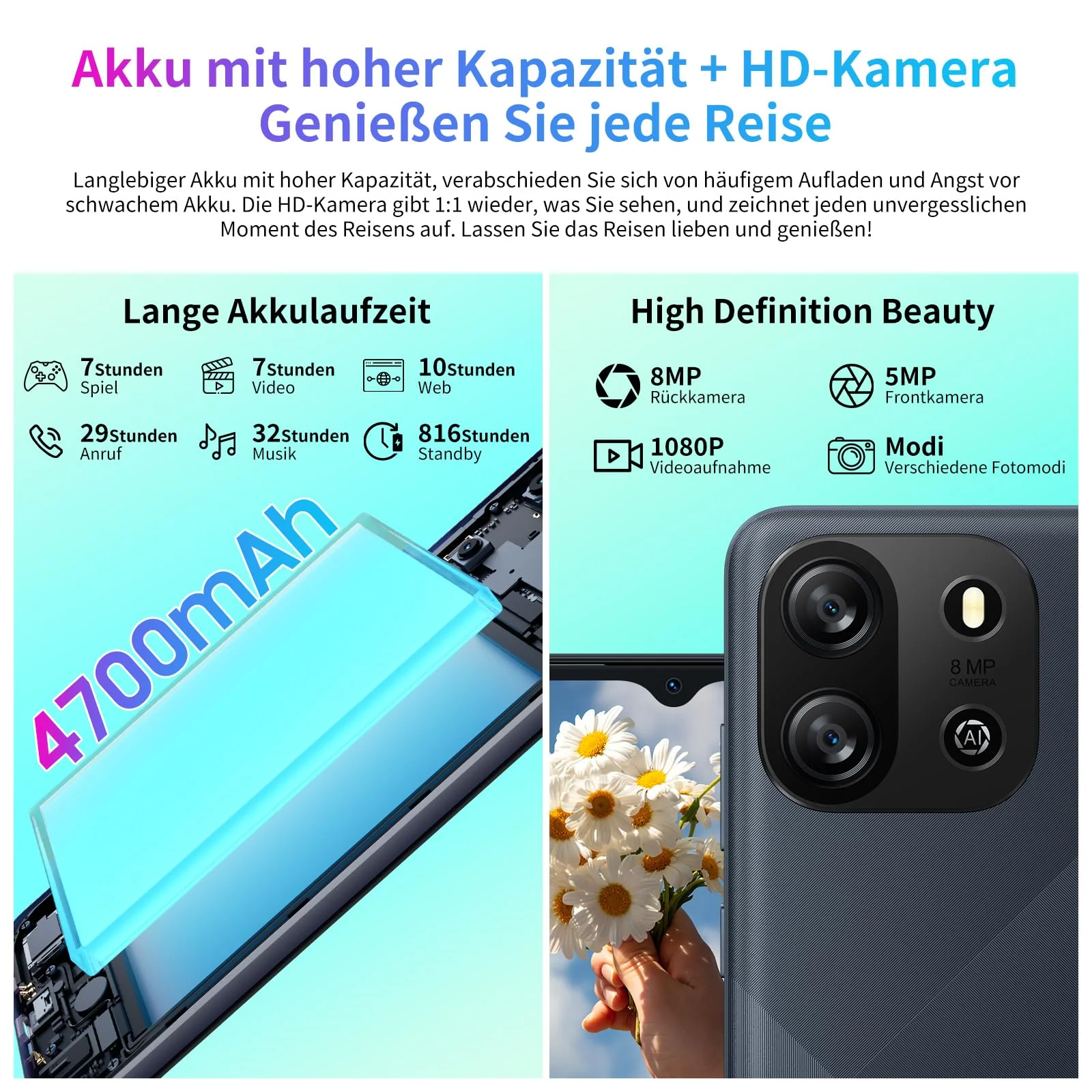 OSCAL Flat 1C Smartphone ohne Vertrag Android 13 Smartphone 6.52 Zoll HD+ Display, 4GB + 32GB / 1TB TF Simlockfreie Handys, 4G Dual SIM Handy Günstig, 8MP Kamera, Gesichtserkennung, 4700mAh, Blau - Image 6