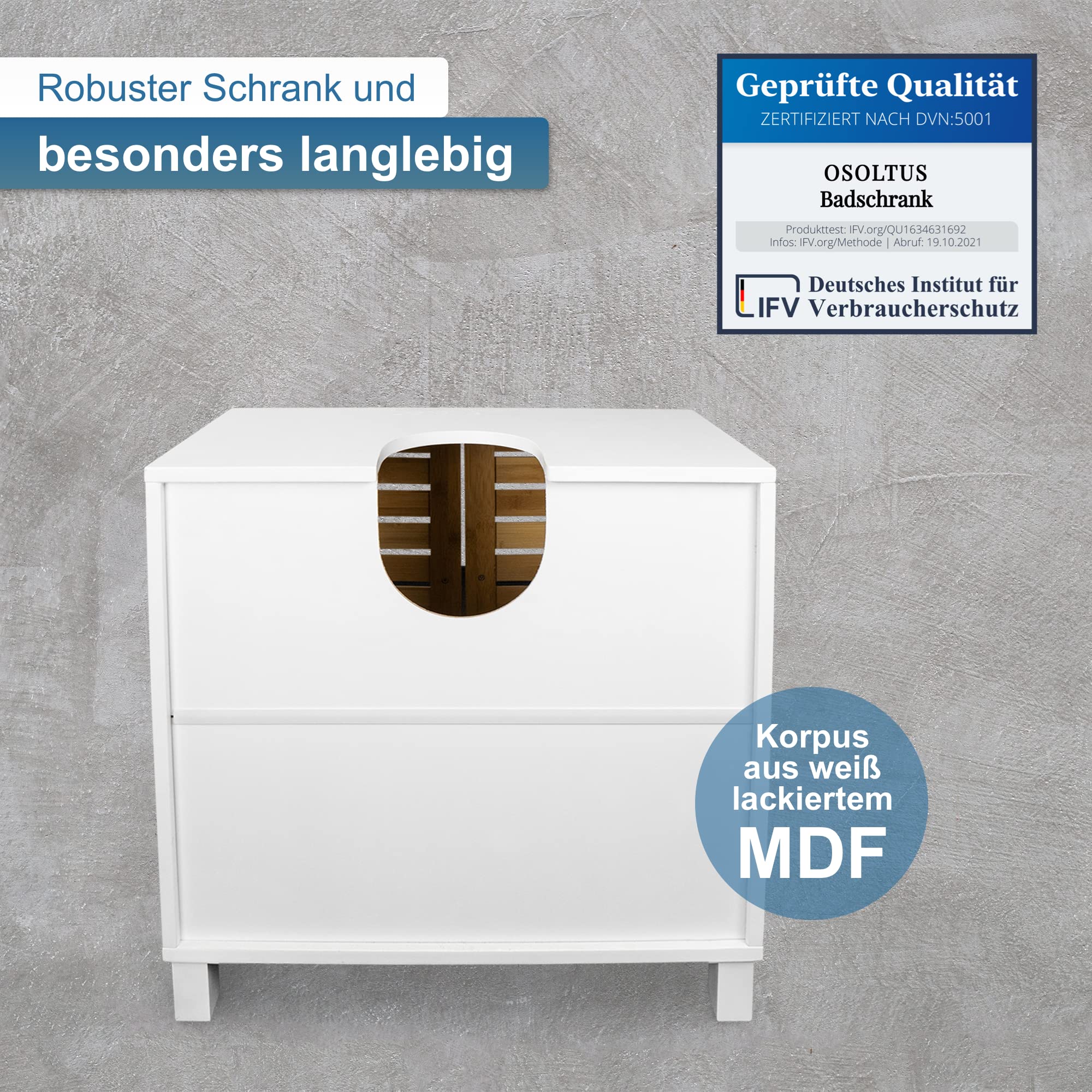 osoltus Bad Waschbecken Unterschrank Kopenhagen Bambus Holz Weiss - Unterschrank für Badezimmer - 60x30x60 cm