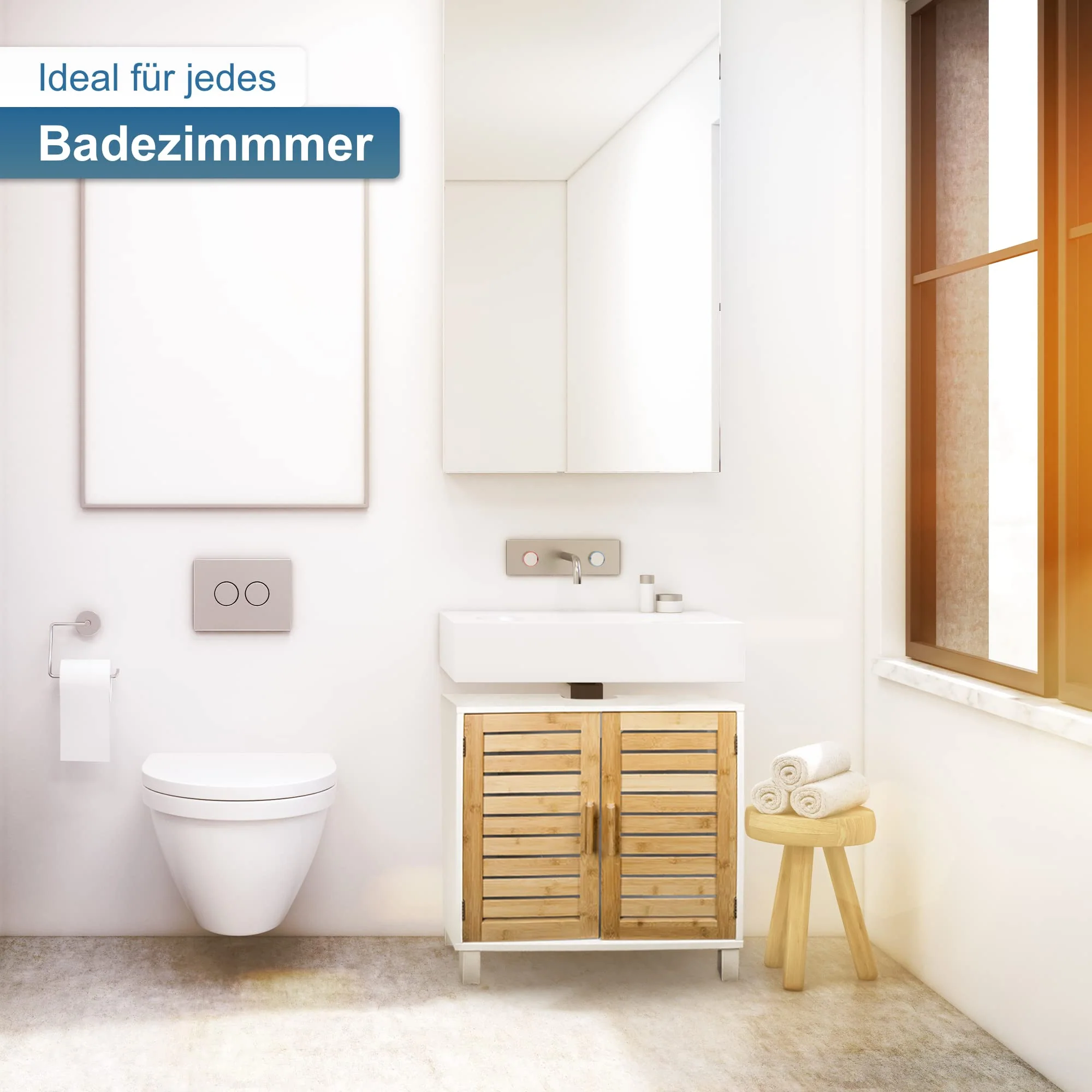 osoltus Bad Waschbecken Unterschrank Kopenhagen Bambus Holz Weiss - Unterschrank für Badezimmer - 60x30x60 cm - Image 3