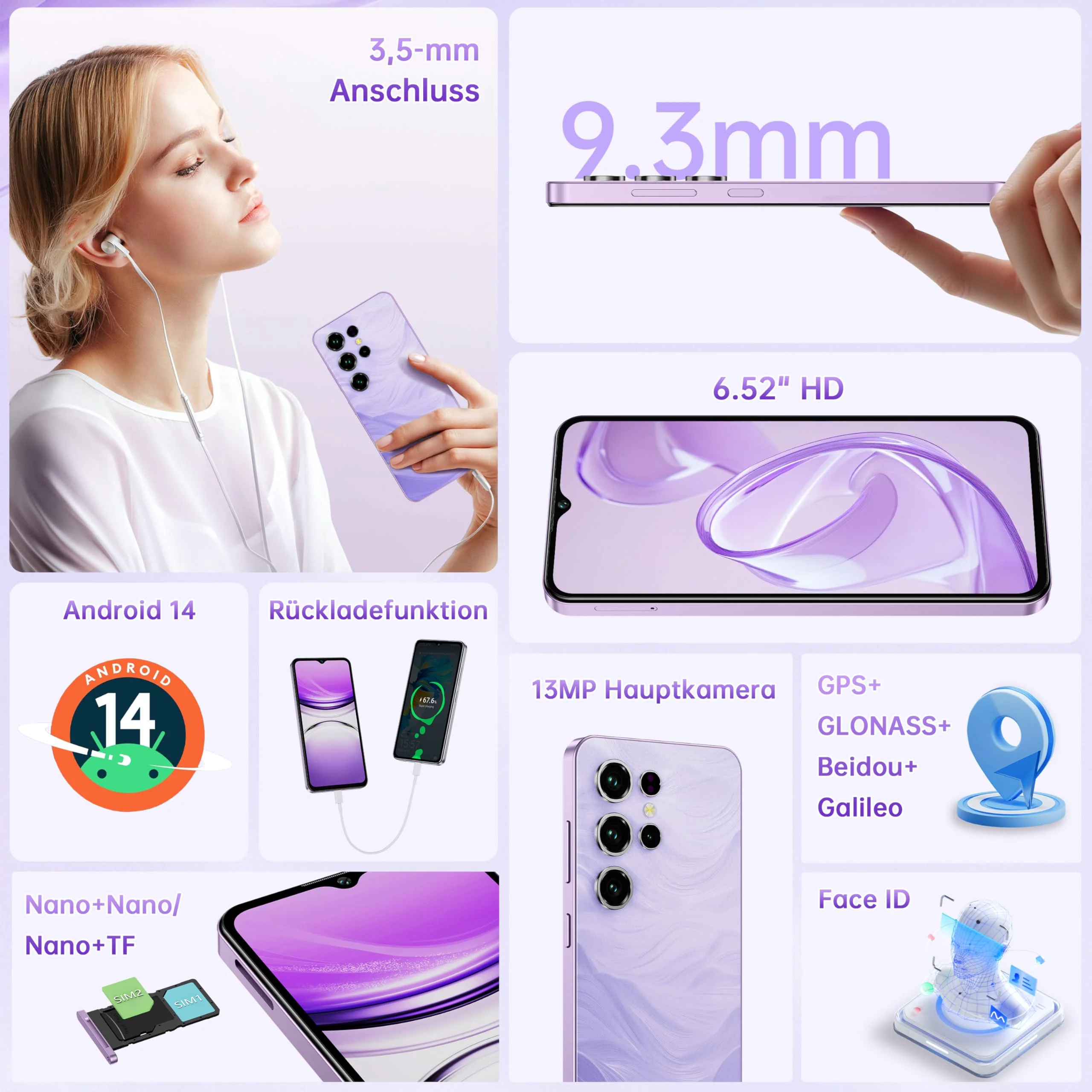 OUKITEL C2 Handy Günstig - 16GB(4+12)+64GB/1TB Smartphone Ohne Vertrag 5000mAh Akku, 6.52" HD+ Bildschirm, 13MP+5MP Kamera Simlockfreie Handys Android 14, Dual SIM/Gesicht/GPS/3.5mm Jack, Violett - Image 3