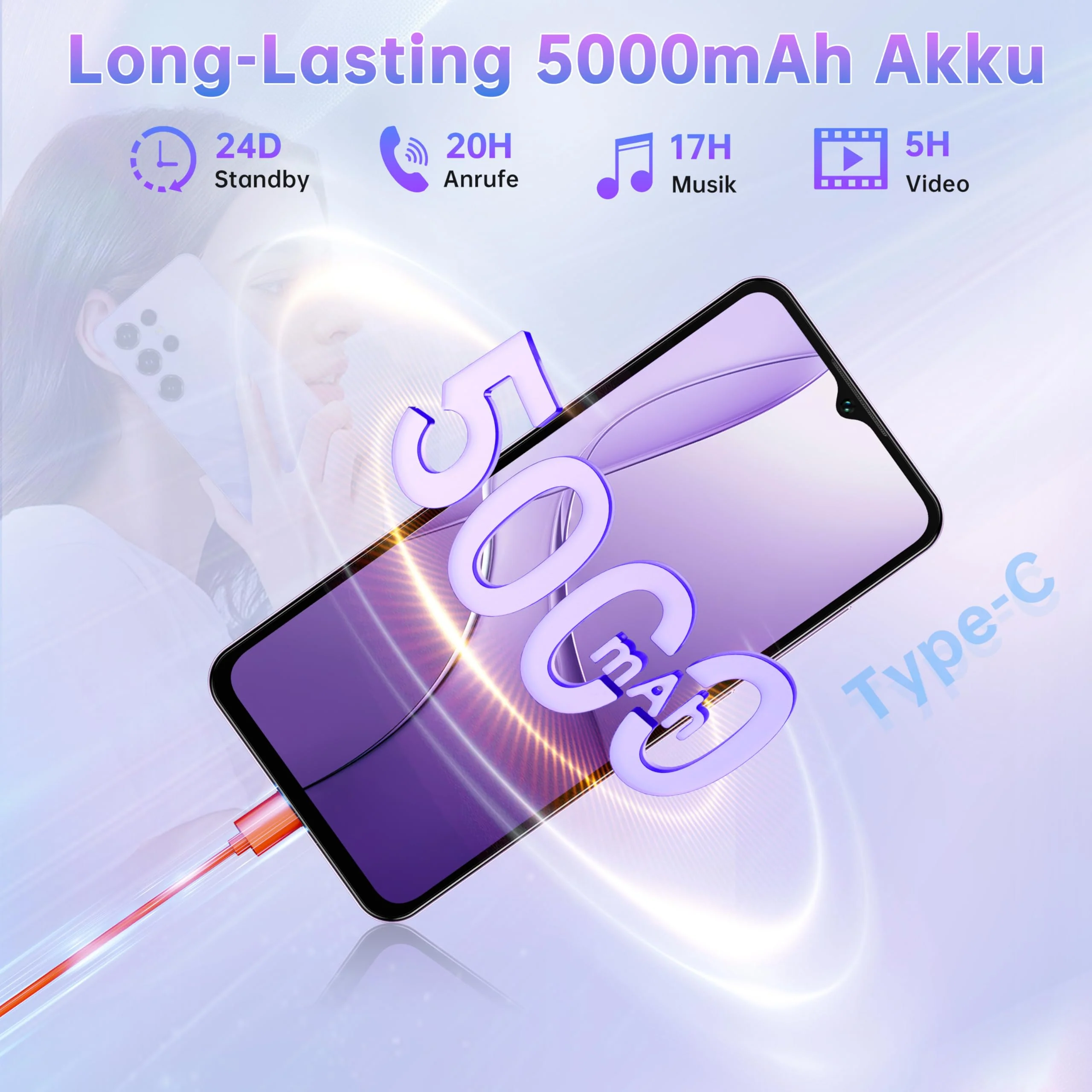 OUKITEL C2 Handy Günstig - 16GB(4+12)+64GB/1TB Smartphone Ohne Vertrag 5000mAh Akku, 6.52" HD+ Bildschirm, 13MP+5MP Kamera Simlockfreie Handys Android 14, Dual SIM/Gesicht/GPS/3.5mm Jack, Violett - Image 7
