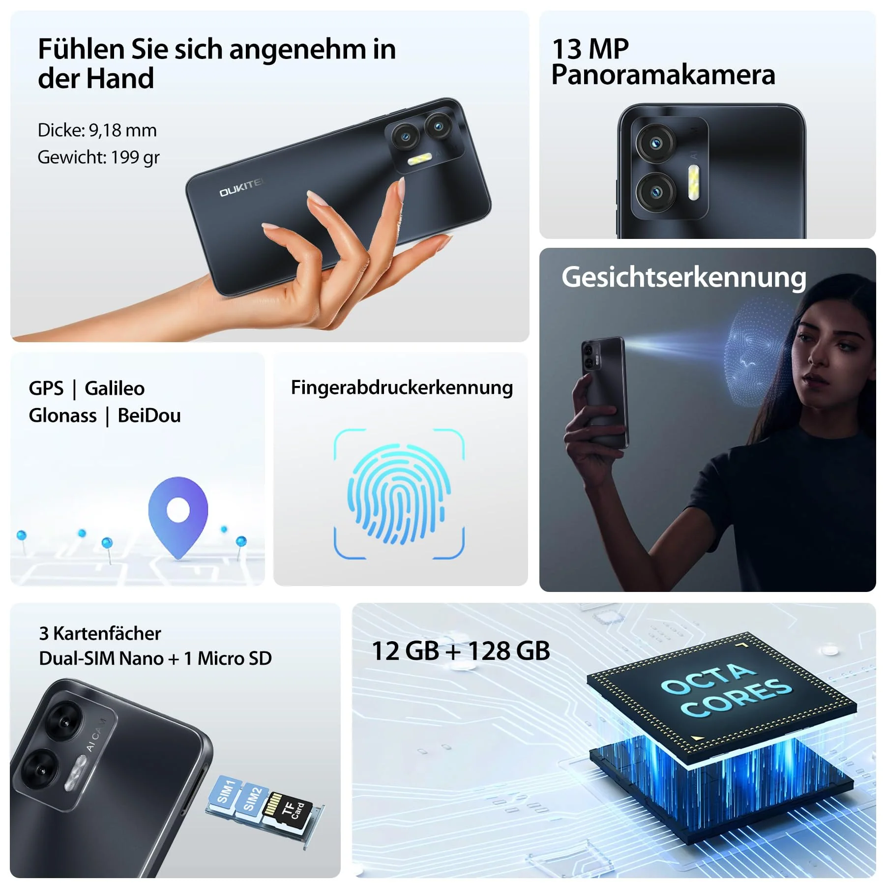 OUKITEL C36 Handy Ohne Vertrag, 12GB+128GB/1TB erweiterbar, 5150mAh 6.56" HD+ Display Android 13 günstig Smartphone 4G, Octa Core Prozessor, 13MP Panorama Kamera,Dual SIM 3 Steckplatz, Wi-Fi - Image 7