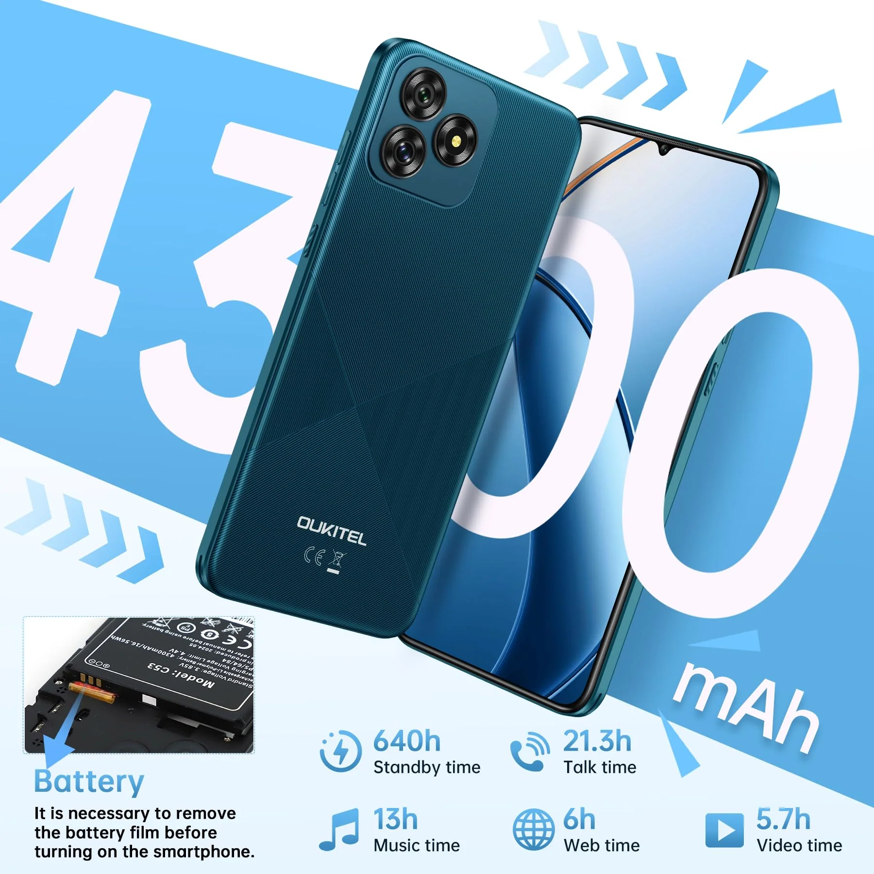 OUKITEL C53 Android 14 Smartphone Ohne Vertrag - 8GB+64GB/1TB erweiterbar Handy Ohne Vertrag, Octa Core 6,6" HD+ Smartphone, 13MP+5MP Kamera 4300mAh, 4G Dual SIM Simlockfreie Handys, Gesicht/GPS, Blau - Image 6