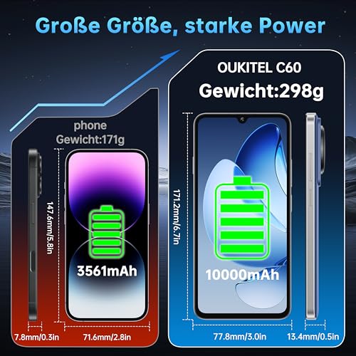 OUKITEL C60 Smartphone Ohne Vertrag - Android 15 10000mAh 16GB+128GB Handy Ohne Vertrag 6.88 Zoll 90Hz Bildschirm 13MP+5MP Kamera,120LM Taschenlampe,Lautsprecher,GPS,Dual SIM Simlockfreie Handys,Grün - Image 3