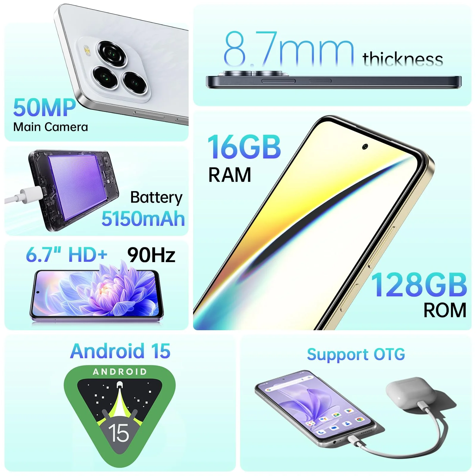 OUKITEL C65 Android 15 Handy Ohne Vertrag, 16GB+128GB/1TB Smartphone Ohne Vertrag, 6.7" HD+ 90Hz Handy Günstig, 50MP+8MP, 5150mAh Simlockfreie Handys, Dual SIM 3 Steckplatz/Fingerabdruck/3.5mm Jack - Image 7