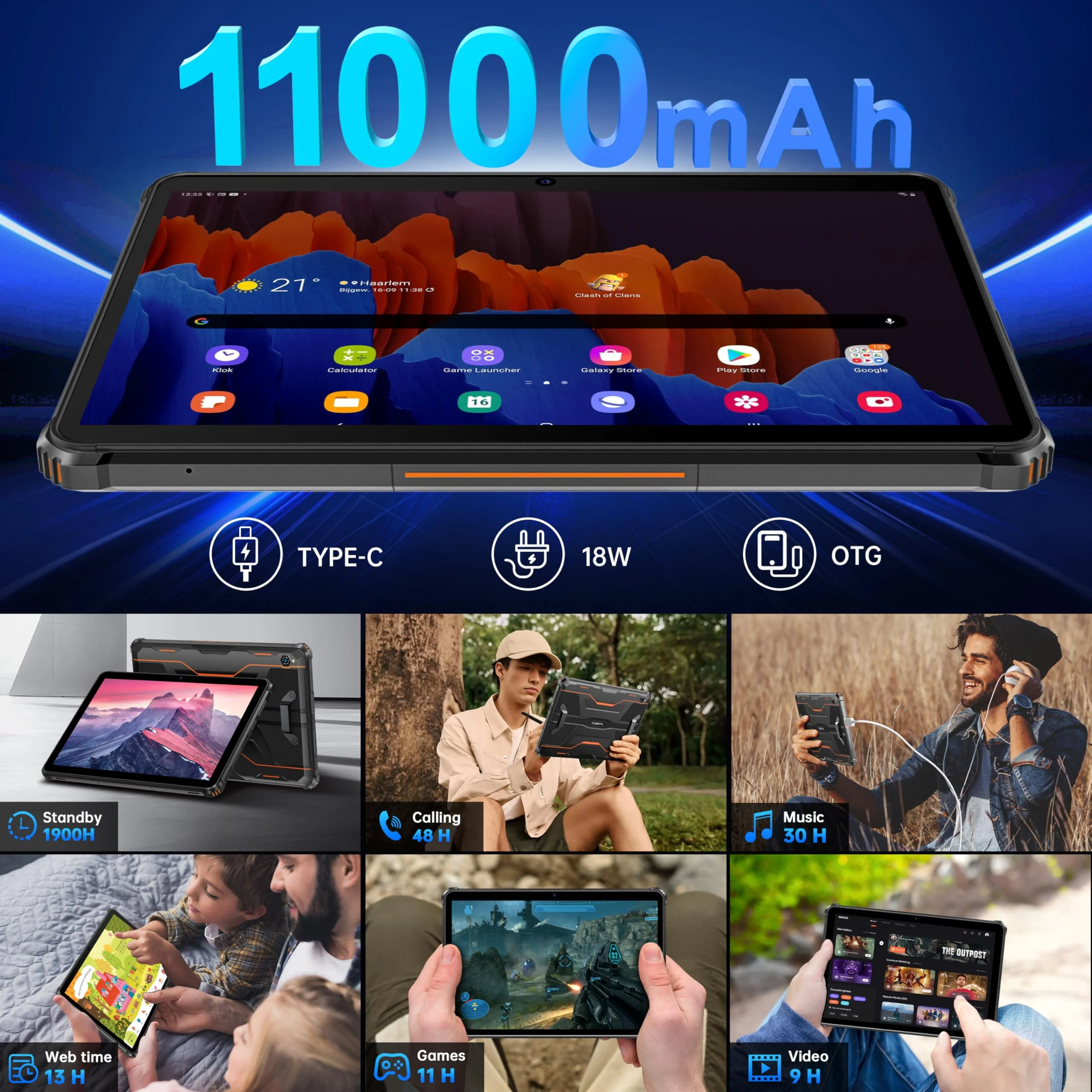OUKITEL RT9 Outdoor Tablet - 24GB(6+18GB) RAM+256GB ROM(1TB TF) 11000mAh Akku, Android 14 Rugged Tablet PC 10.1 Zoll Octa Core Wasserdicht Tablet, Dual SIM 4G LTE/5G WiFi/Face ID/OTG/GPS - Orange - Image 6
