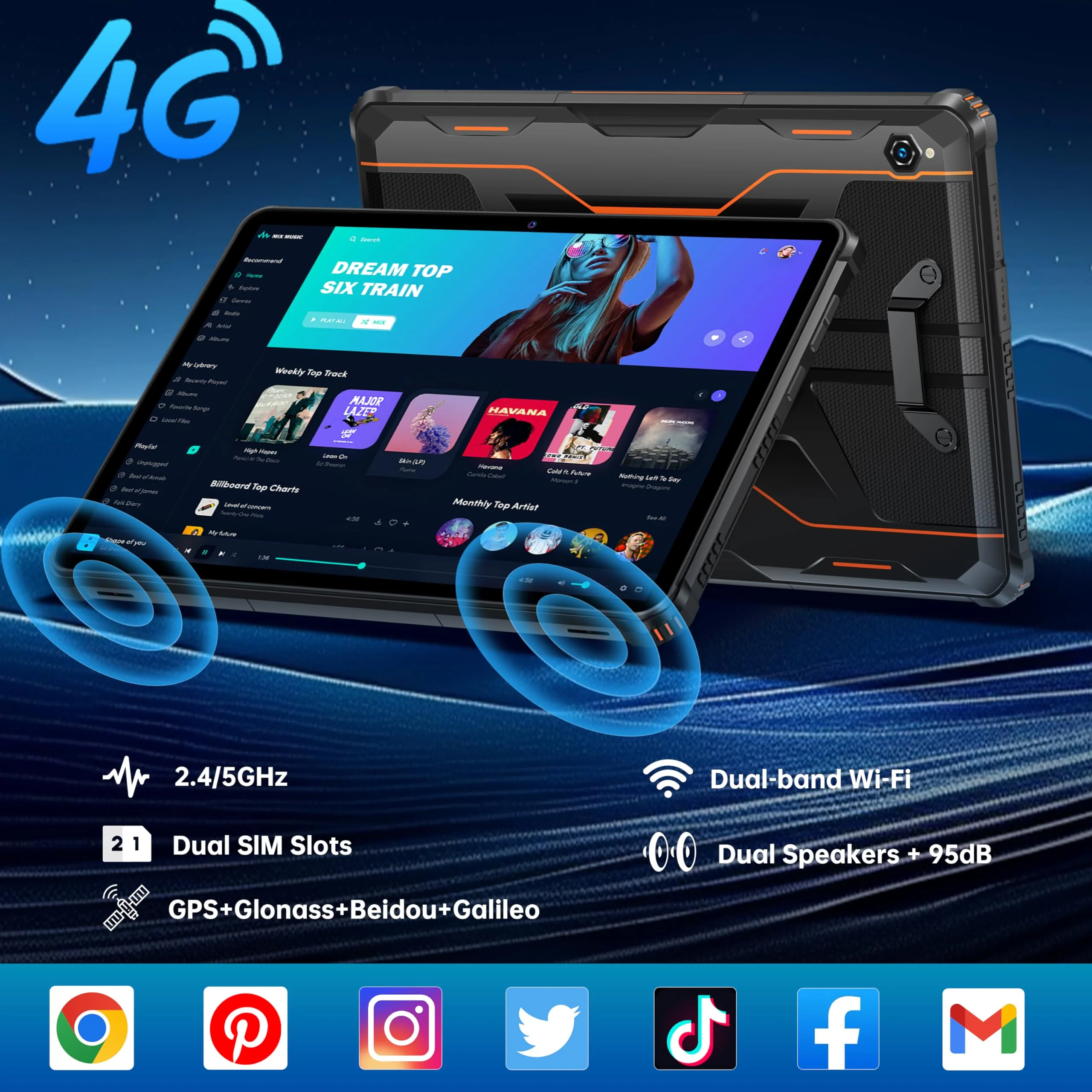 OUKITEL RT9 Outdoor Tablet - 24GB(6+18GB) RAM+256GB ROM(1TB TF) 11000mAh Akku, Android 14 Rugged Tablet PC 10.1 Zoll Octa Core Wasserdicht Tablet, Dual SIM 4G LTE/5G WiFi/Face ID/OTG/GPS - Schwarz - Image 5
