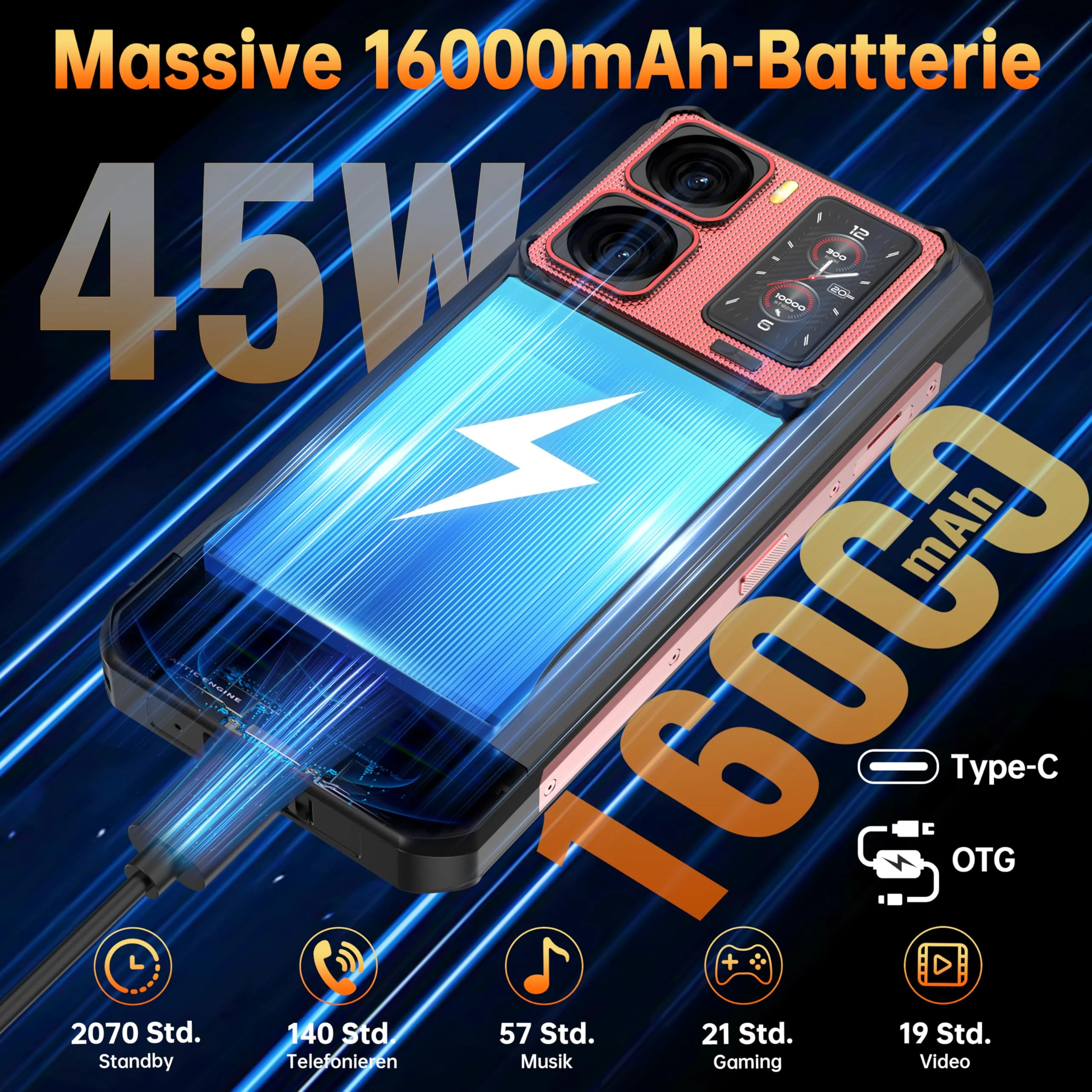 OUKITEL WP300 5G Android 15 Outdoor Handy - 36GB+512GB 16000mAh/45W 108MP+32MP Kamera Outdoor Smartphone 6,8 Zoll FHD+ 120Hz baustellenhandy/Kopfhörer mit Display/370LM Taschenlampe/IP68/NFC/OTG/GPS - Image 4