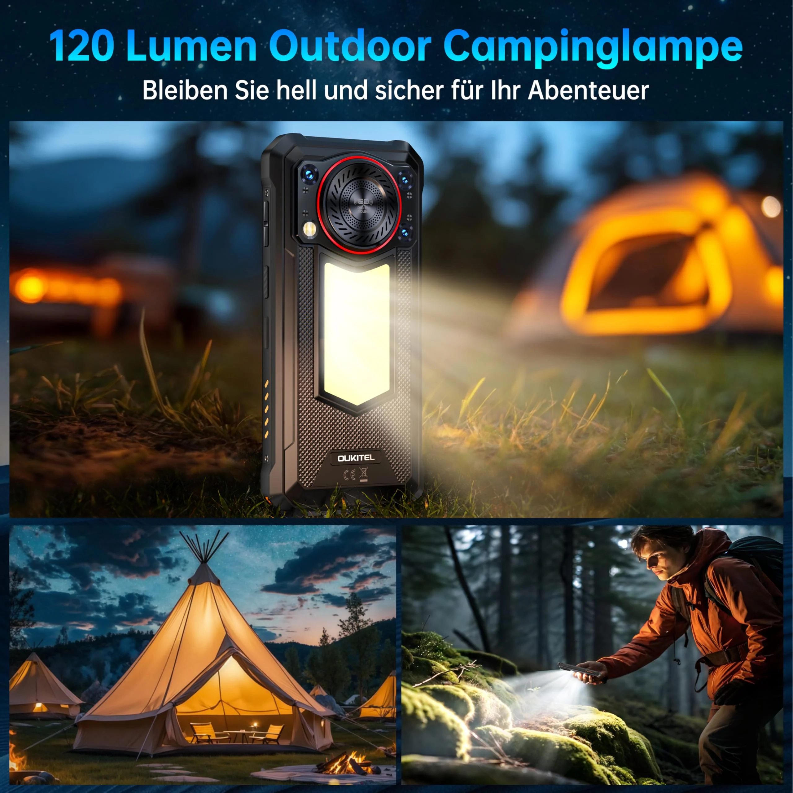OUKITEL WP53 Pro Outdoor Handy Android 15-11000mAh Outdoor Smartphone Ohne Vertrag 24GB + 256GB, 6.52” Display 128dB Lautsprecher Baustellenhandy mit 900 Lumen Campinglampe, NFC/GPS/Face ID, Schwarz - Image 6