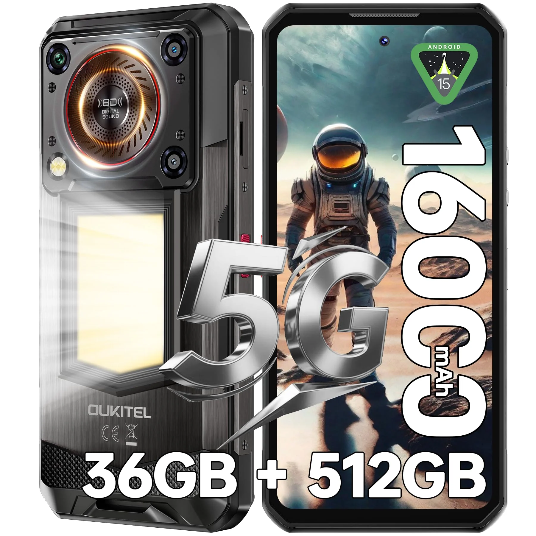 OUKITEL WP56 5G Outdoor Smartphone - 36GB+512GB/2TB 16000mAh 108MP Android 15 Outdoor Handy 128DB Lautsprecher 6,8" FHD+ 120Hz baustellenhandy 1000LM Campinglicht, IP68 Wasserdicht/NFC/GPS/OTG/BT5.2 - Image 5