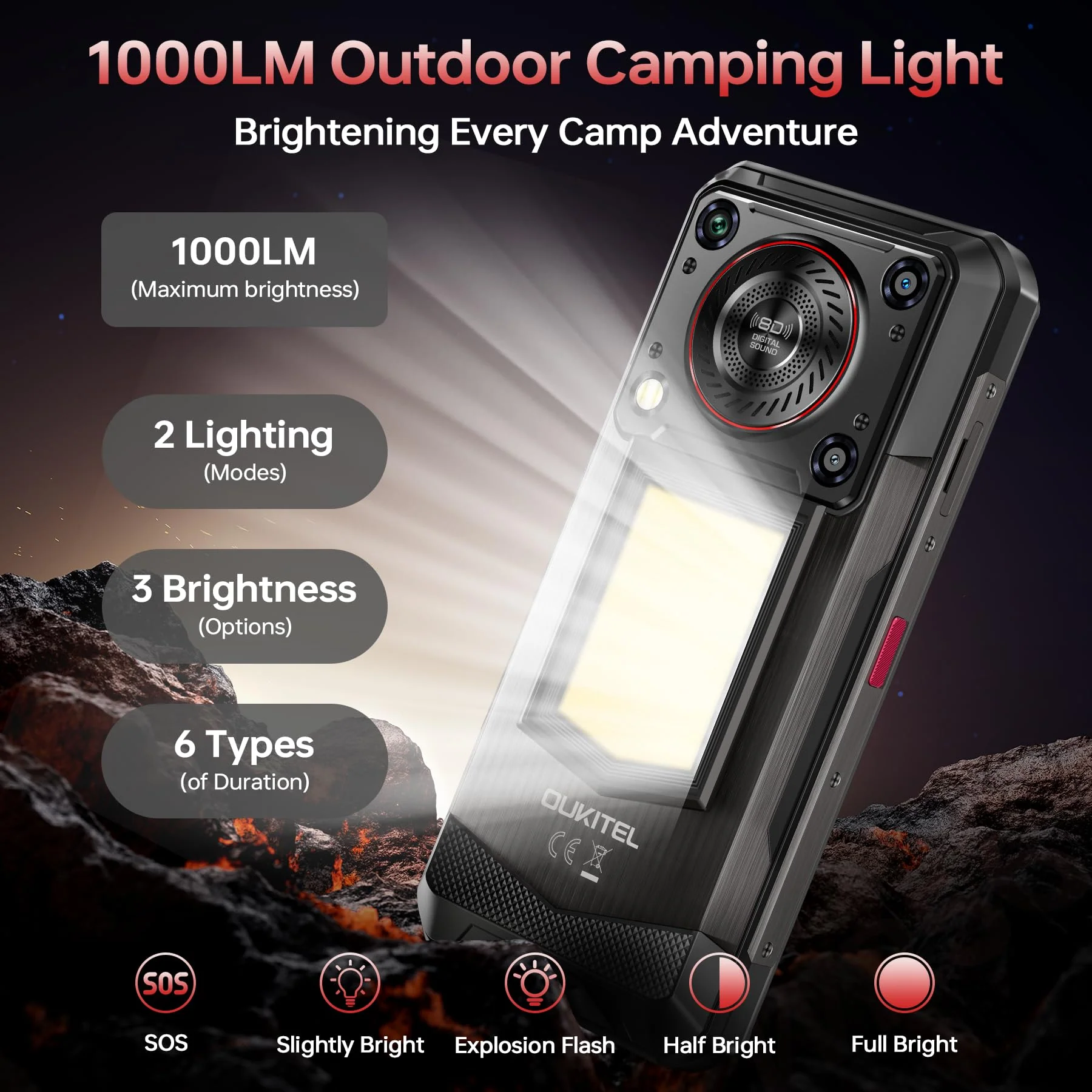 OUKITEL WP56 Outdoor Handy 5G - 36GB+512GB/2TB 16000mAh 108MP Outdoor Smartphone 128DB Lautsprecher 6,8" FHD+ 120Hz Android 15 baustellenhandy, 1000LM Campinglicht, IP68 Wasserdicht/NFC/GPS/OTG/BT5.2 - Image 7