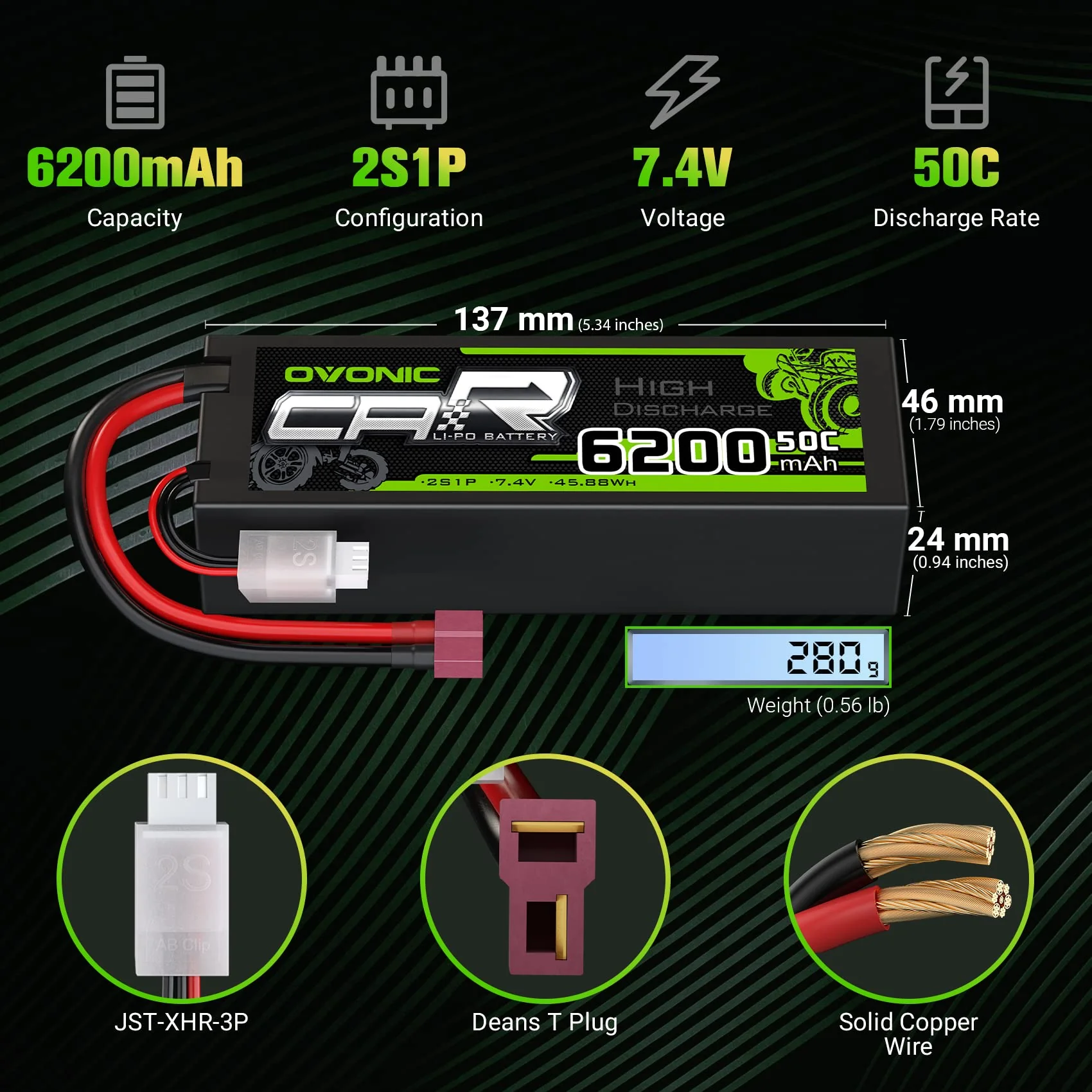 OVONIC 2s Lipo Akku 7,4V 6200mAh 50C mit T Stecker Hardcase Lipo Batterie Zellen für RC Auto Evader Truck Truggy BX Quadcopter Hubschrauber LKW Boot Flugzeug (2 Stück) - Image 6