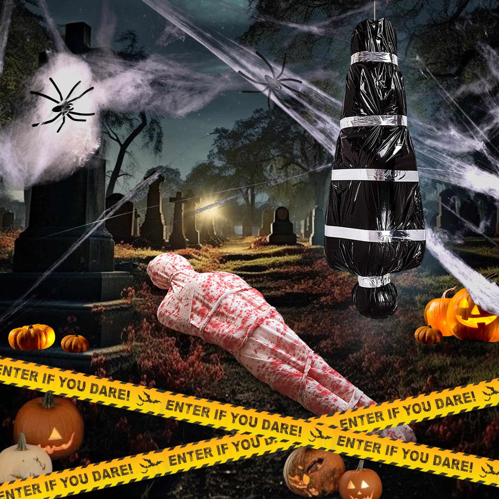 Own1one 2er-Set Gruselige Halloween Aufblasbare Leiche Deko - Aufhängbarer Leichensack mit Blutflecken, inkl. Warnband & Spinnennetz für Outdoor Garten, Friedhof, Tatort & Spukhaus Dekoration - Image 3