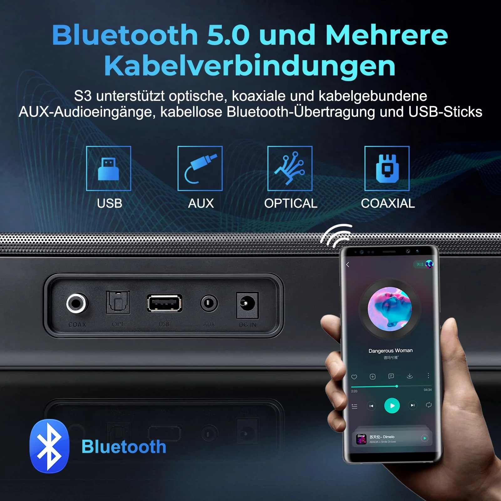 OXS S3 Soundbar für Fernseher, Heimkino-Audio mit Bluetooth 5.0, dynamischer Bass, 3D-Surround-Sound, Dialogverbesserung, AUX/optisch/koaxial kompatibel, mehrere Klangmodi, wandmontierbar - Image 2
