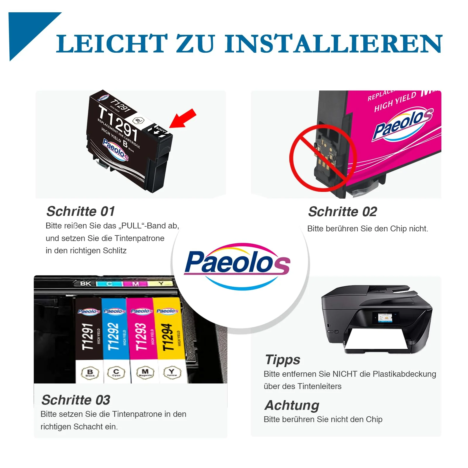 Paeolos T1295 Multipack Kompatible für Epson WF 3520 Druckerpatronen WF 3540 Tintenpatrone für Epson T1291 T1292 T1293 T1294 WF-7525 WF-7515 Stylus SX235W SX425W SX445W SX535WD Stylus Office BX635FWD - Image 3