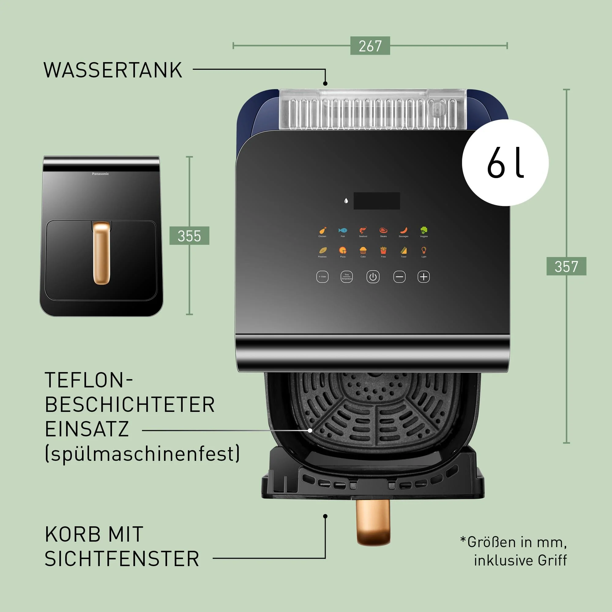 Panasonic NF-CC600AXE Air Fryer mit Sichtfenster, 6 l, 80–200 °C, digitaler Timer & LCD-Display, sanfte Dampfzugabe, 11 Voreinstellungen, einfache Reinigung, Schwarz mit Griff in Roségold - Image 6