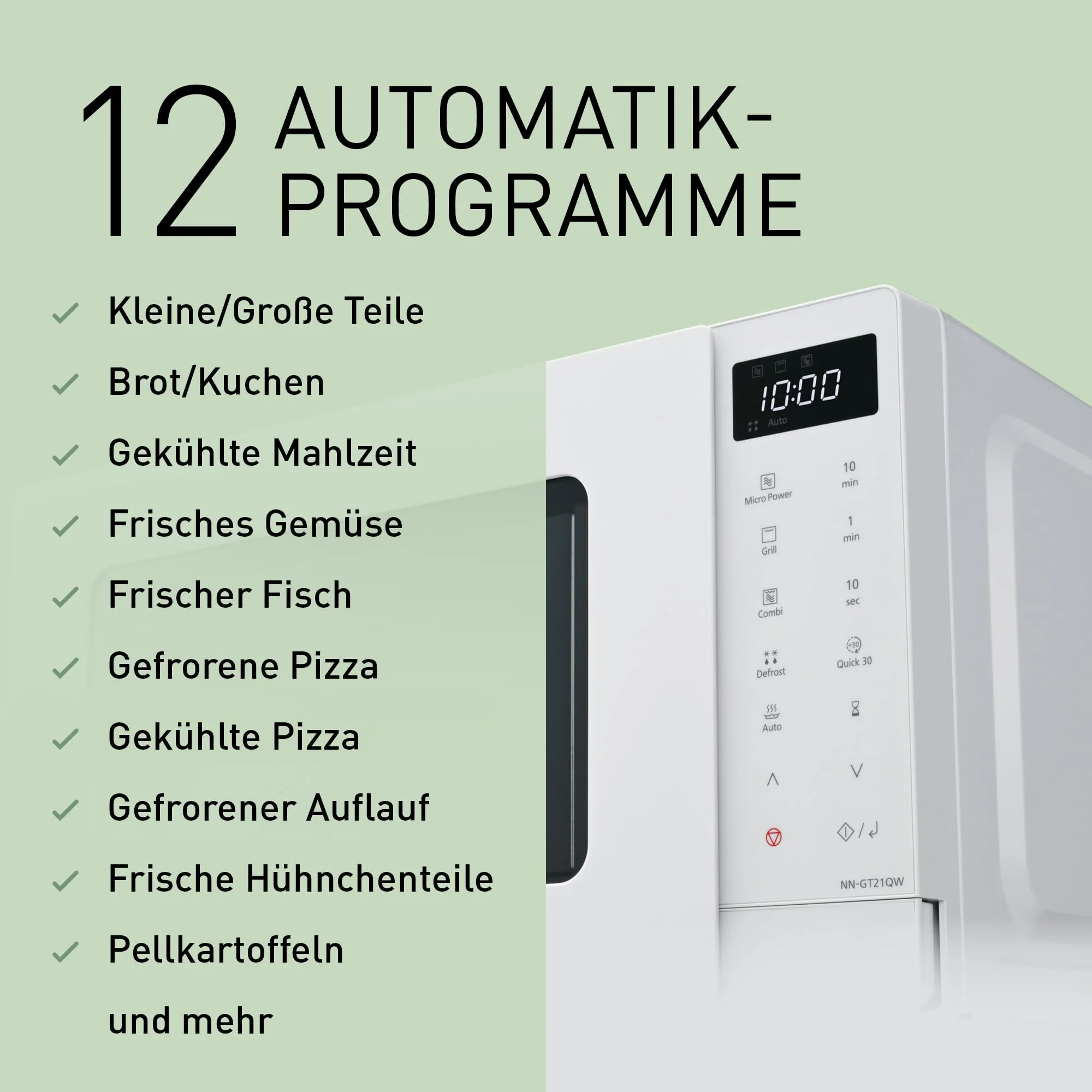 Panasonic NN-GT21QWEPG 20L Grill-Mikrowelle mit Drehteller und Gitterrost, 800 W, 1000 W Grill, LED-Display, automatisches Auftauen, insgesamt 12 Automatikprogramme, Timer, weiß - Image 5