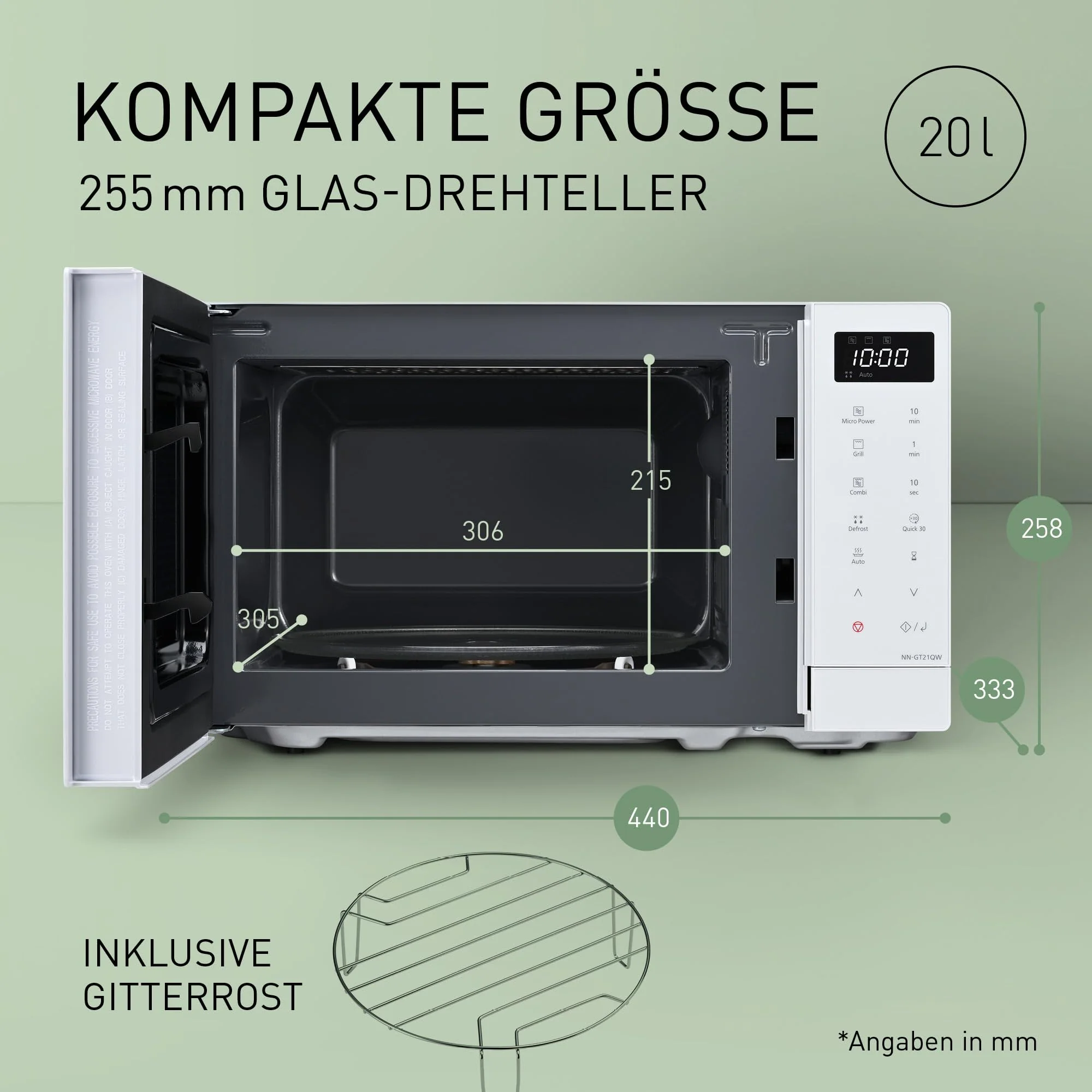 Panasonic NN-GT21QWEPG 20L Grill-Mikrowelle mit Drehteller und Gitterrost, 800 W, 1000 W Grill, LED-Display, automatisches Auftauen, insgesamt 12 Automatikprogramme, Timer, weiß - Image 9