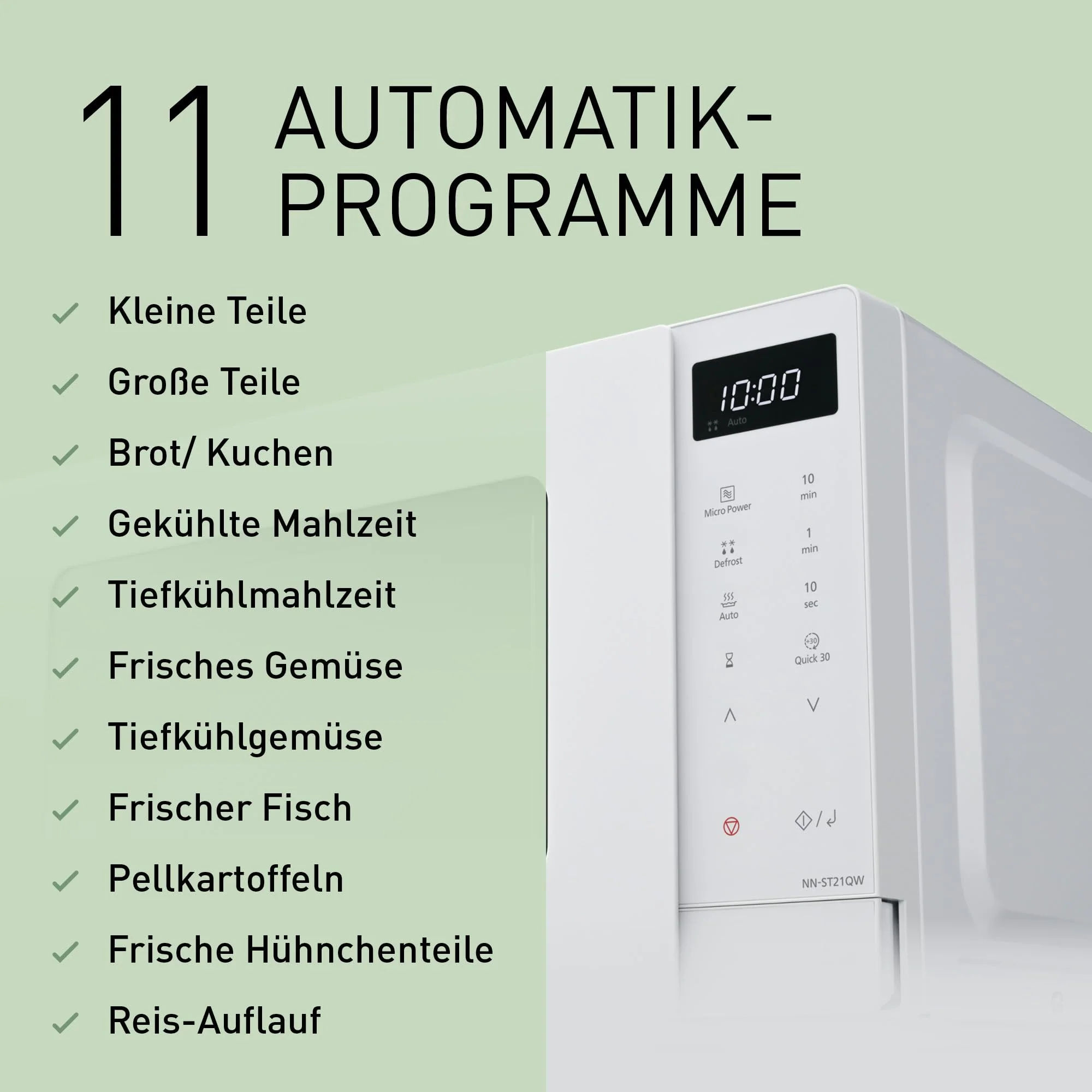 Panasonic NN-ST21QWEPG 20L Solo-Mikrowelle mit Drehteller, 800 W, automatisches Auftauen, 11 Automatikprogramme, LED-Anzeige, 5 Leistungsstufen, digitaler Timer, Weiß - Image 6