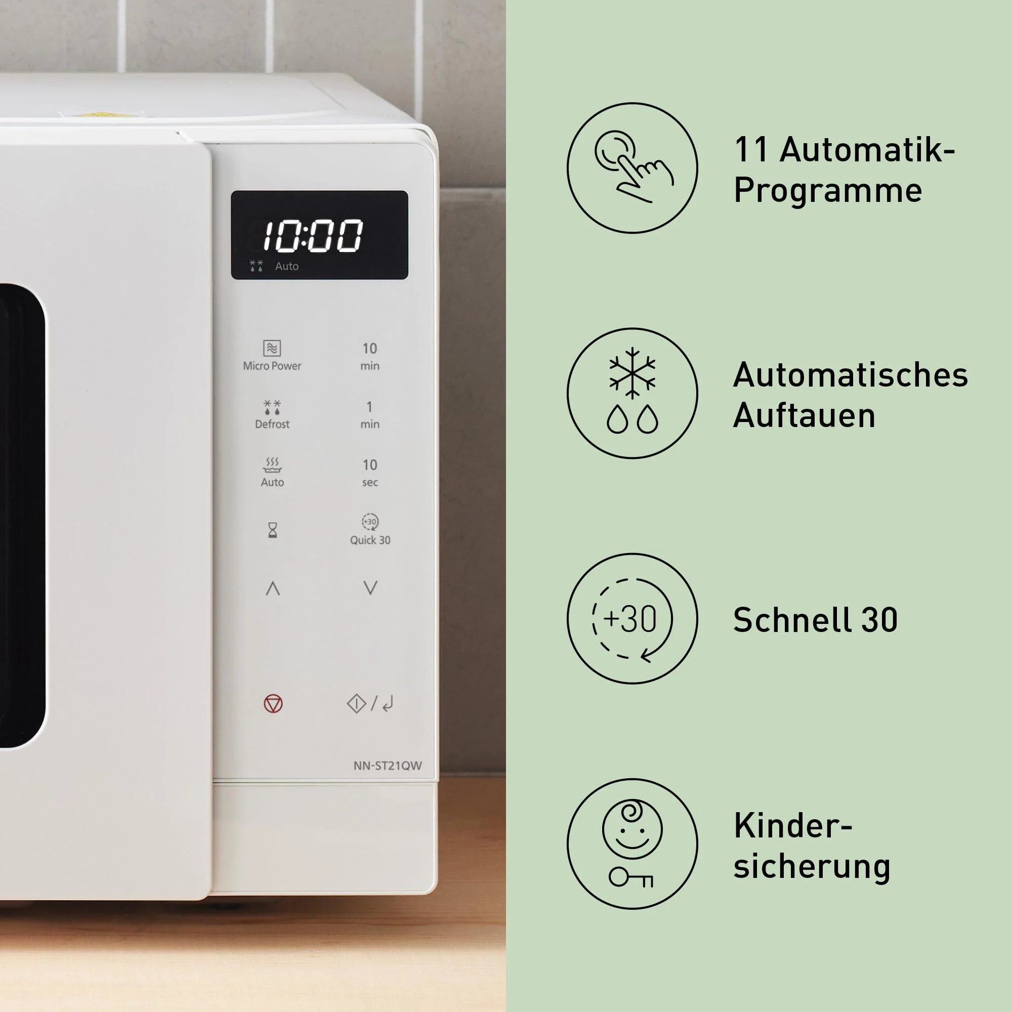 Panasonic NN-ST21QWEPG 20L Solo-Mikrowelle mit Drehteller, 800 W, automatisches Auftauen, 11 Automatikprogramme, LED-Anzeige, 5 Leistungsstufen, digitaler Timer, Weiß - Image 7