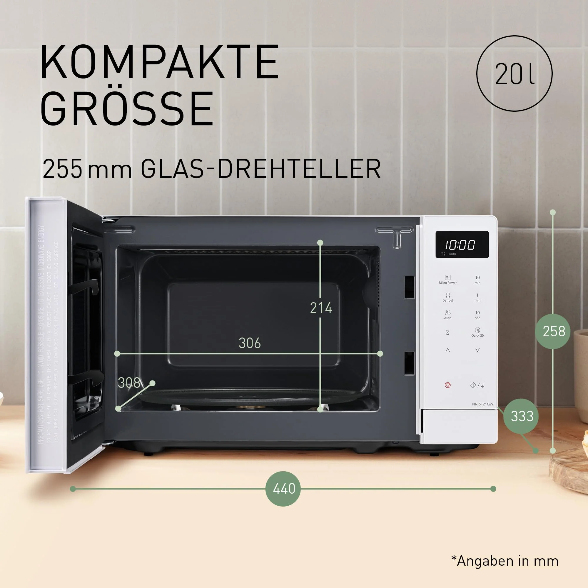 Panasonic NN-ST21QWEPG 20L Solo-Mikrowelle mit Drehteller, 800 W, automatisches Auftauen, 11 Automatikprogramme, LED-Anzeige, 5 Leistungsstufen, digitaler Timer, Weiß - Image 9