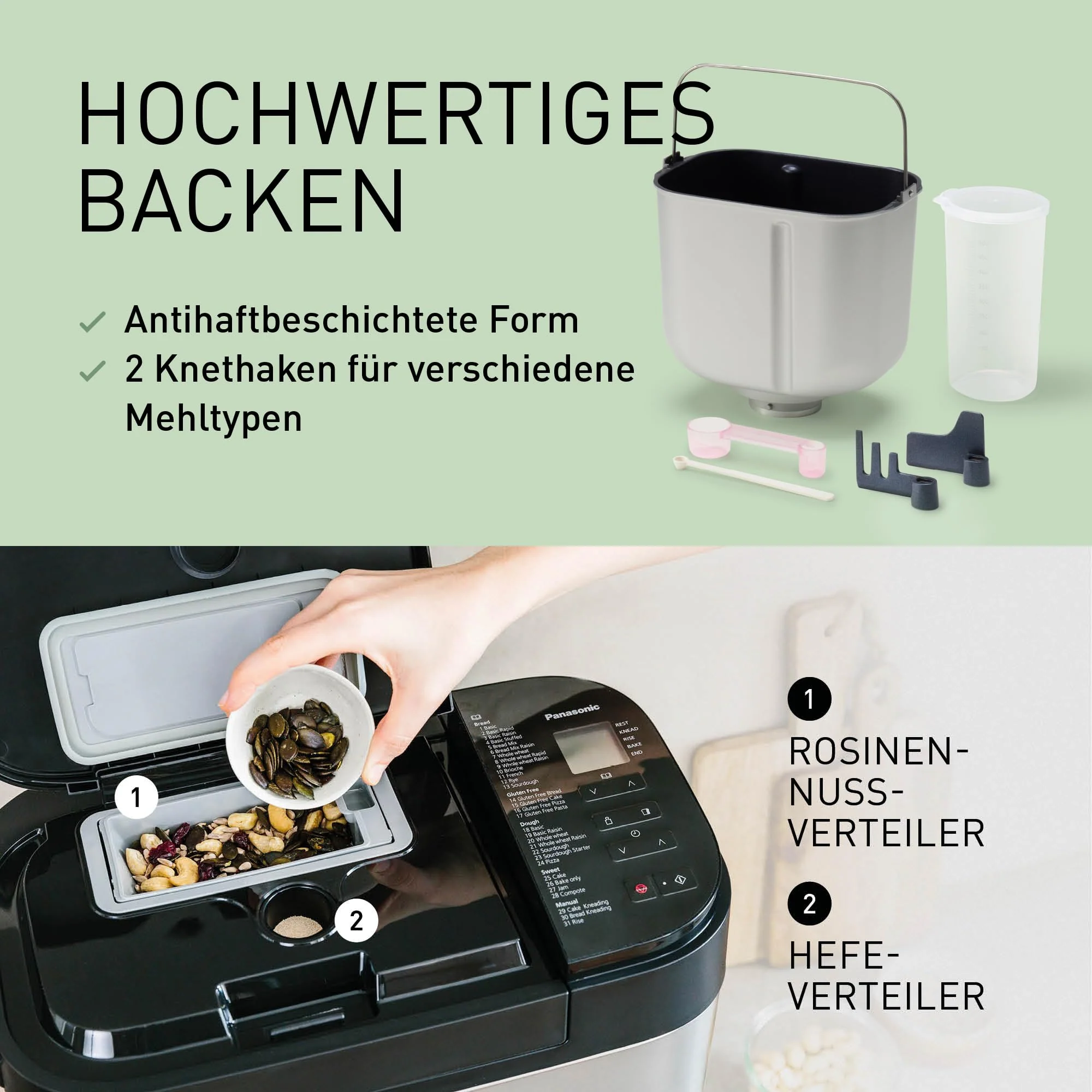 Panasonic SD-YR2550 Vollautomatischer Brotbackautomat, horizontales Design, Rosinen-Nussverteiler und Hefespender, 31 automatische Programme, zwei Temperatursensoren, 13-Stunden-Zeitvorwahl, Silber - Image 11
