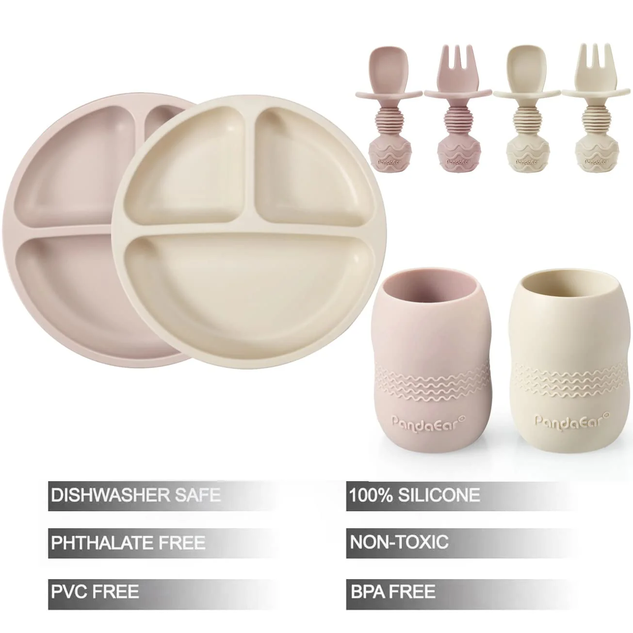 PandaEar Silikon Baby Geschirrset Kindergeschirr| 2 Kinder Teller mit Saugnapf mit 2 Babylöffel 2 Gabeln und 2 Becher Trinklernbecher ab 4 Monate| Esslernbesteck blw led Weaning Zubehör - Image 7