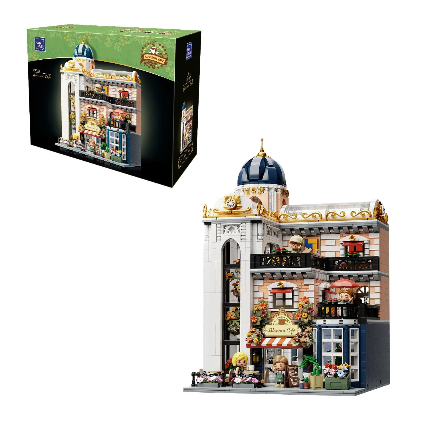 PANTASY Blossom Café Modulares Gebäude-Set, 3-stöckiges Europäisches Glas­haus-Landmark mit Café, Kunstgalerie & Blumen-Atrium, Sammler-Architektur Bausatz für Erwachsene, Kreatives Ausstellungsmodell