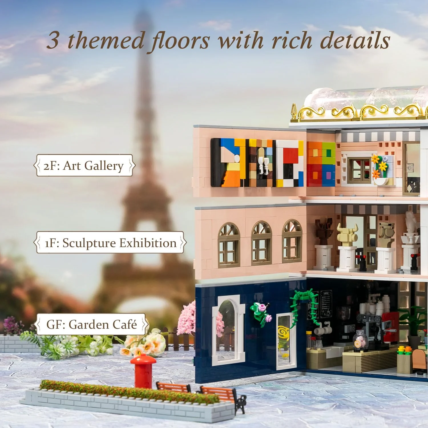 PANTASY Blossom Café Modulares Gebäude-Set, 3-stöckiges Europäisches Glas­haus-Landmark mit Café, Kunstgalerie & Blumen-Atrium, Sammler-Architektur Bausatz für Erwachsene, Kreatives Ausstellungsmodell - Image 6