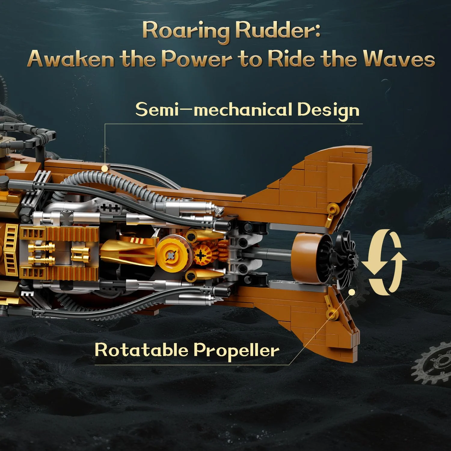 PANTASY Steampunk Nautilus U-Boot Klemmbausteine Set, Modulares 3-Sektionen-Design mit Zahnrad-Propeller, Mini-Boot & Unterwasser-Abenteuerszene, Retro Mechanisches Sammlermodell für Erwachsene - Image 5