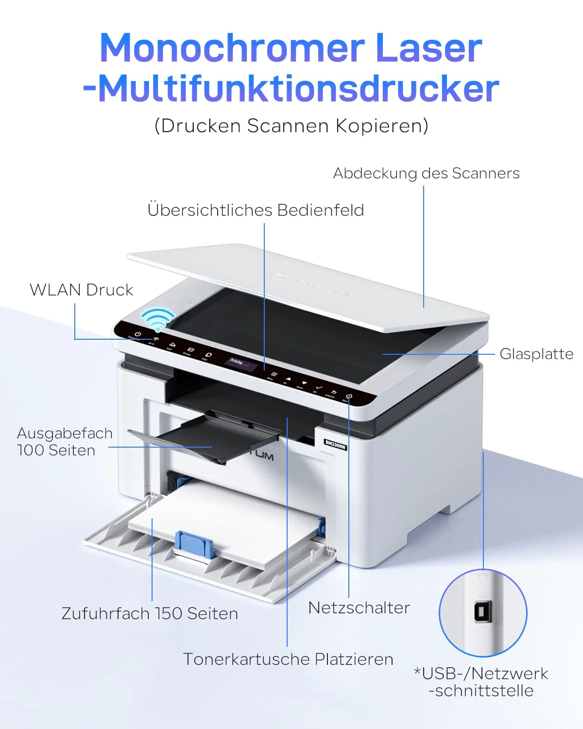 PANTUM BM2309W/BM2300W laserdrucker Multifunktionsgerät, Drucker Scanner Kopierer 3in1, Schwarz Weiss, WLAN Drucker, Airprint, A4, 1200 x 600 DPI, 20 Seiten pro Minute - Image 8