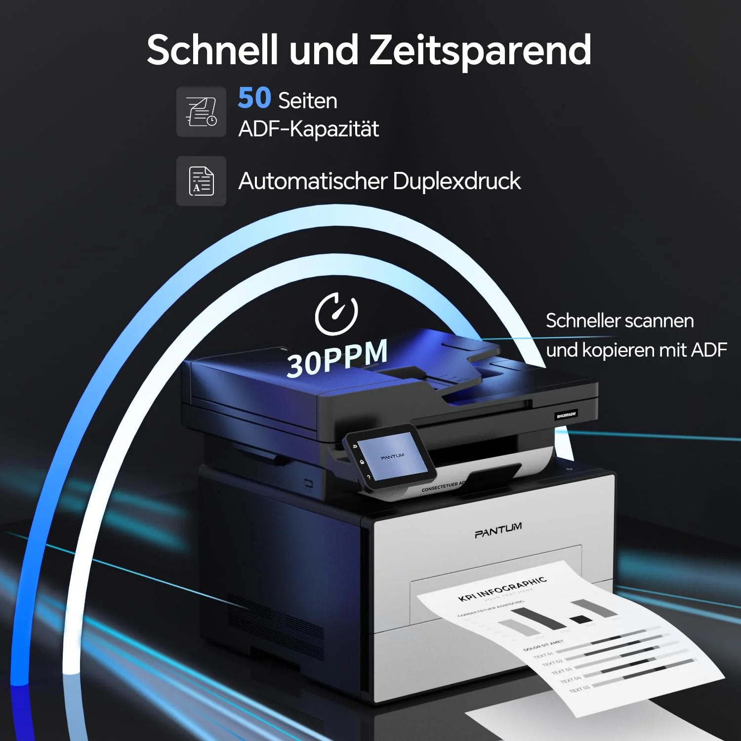 PANTUM BM4309ADW Multifunktionsdrucker Laserdrucker Schwarz Weiss, Automatischer Duplexdruck, Drucker Scanner Kopierer mit ADF, WLAN/LAN/USB, 3,5-Zoll-Touchscreen, 30ppm - Image 7