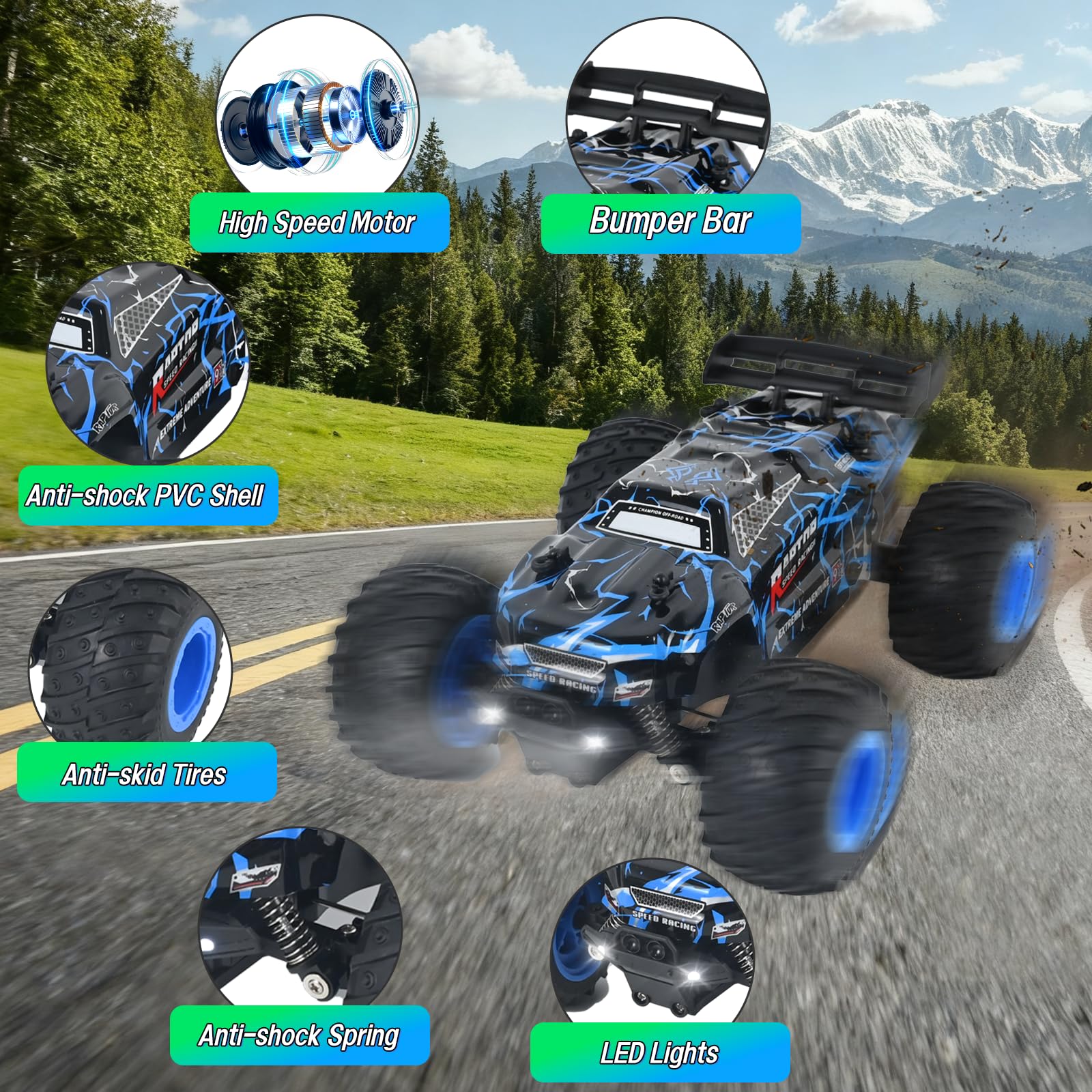 PATEMZON Ferngesteuertes Auto, 1:20 2.4G RC Auto Spielzeug, Ferngesteuerter Monstertruck mit Farbverlaufsbeleuchtung/Zwei Gehäuse/Zweifarbige Reifen, RC Buggy Offroad für Jungen Mädchen Spielzeug - Image 3