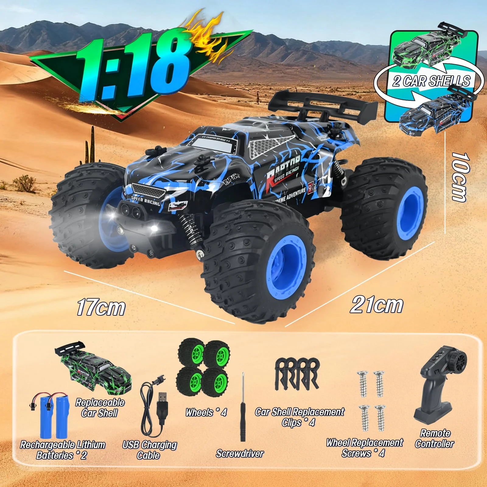 PATEMZON Ferngesteuertes Auto, 1:20 2.4G RC Auto Spielzeug, Ferngesteuerter Monstertruck mit Farbverlaufsbeleuchtung/Zwei Gehäuse/Zweifarbige Reifen, RC Buggy Offroad für Jungen Mädchen Spielzeug - Image 6