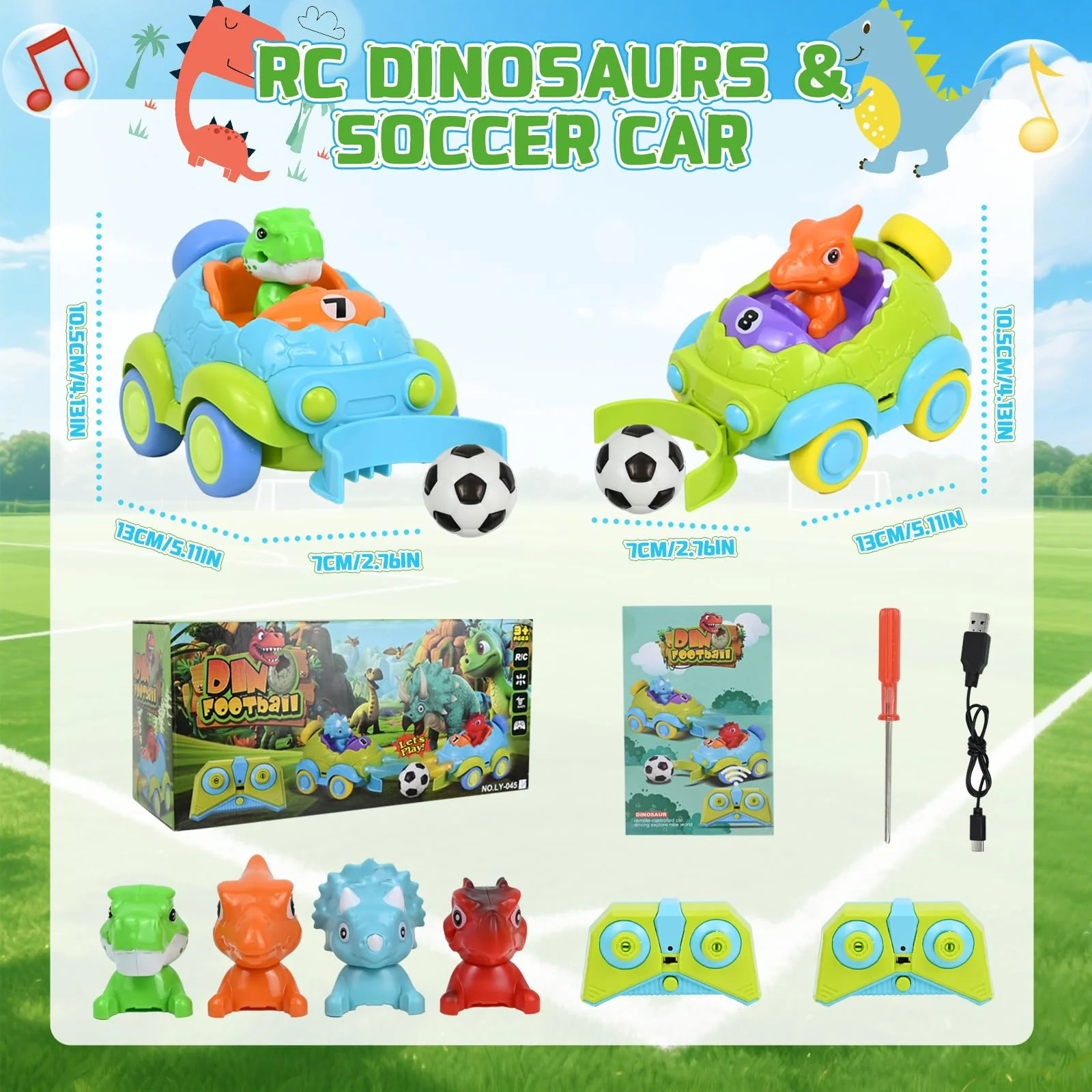 PATEMZON Ferngesteuertes Auto ab 2 Jahre, 2pcs Ferngesteuertes Dinosaurier Spielzeug, RC Auto Dinosaurier mit Musik und Lichtern, 2 Fußball, Geburtstags und Weihnachten Geschenke für Kinder - Image 5