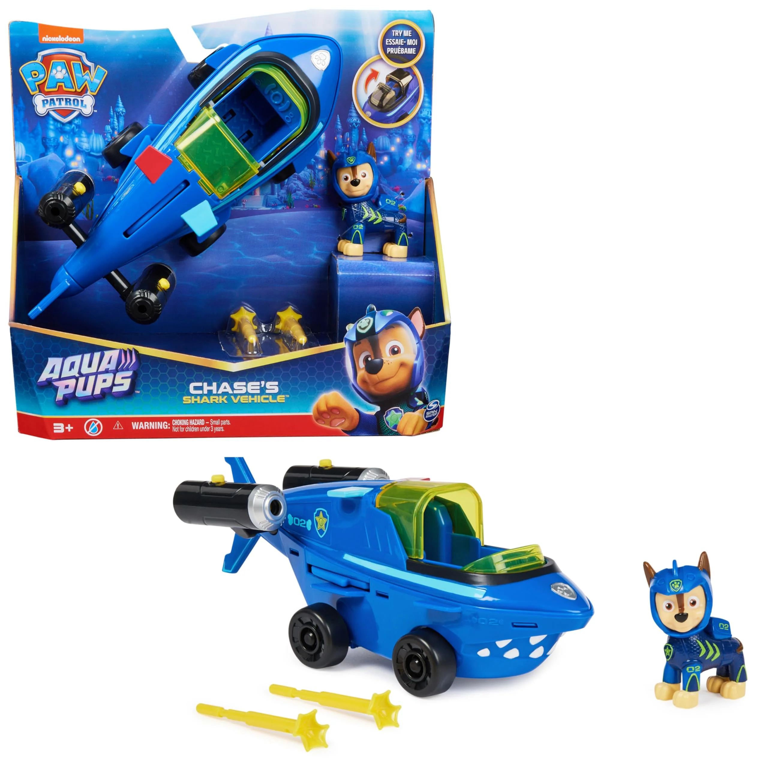 PAW Patrol, Aqua Pups - Basis Fahrzeug Spielzeugauto im Hai-Design mit Chase Welpenfigur, Spielzeug geeignet für Kinder ab 3 Jahren