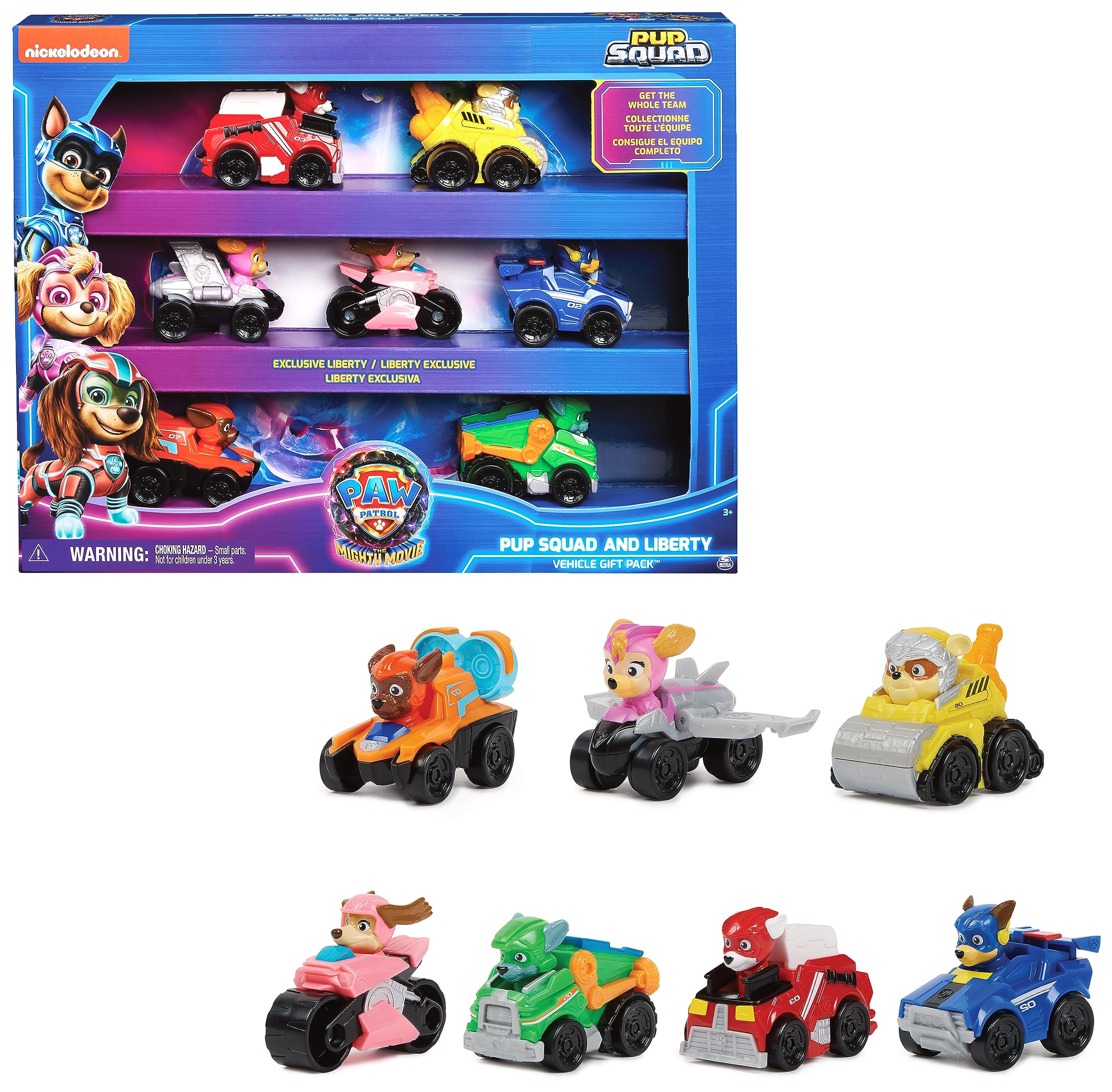 PAW PATROL: Der Mighty Kinofilm, 7-teiliges Pup Squad Racers-Geschenkset mit Liberty-Spielzeugauto, geeignet für Kinder ab 3 Jahren