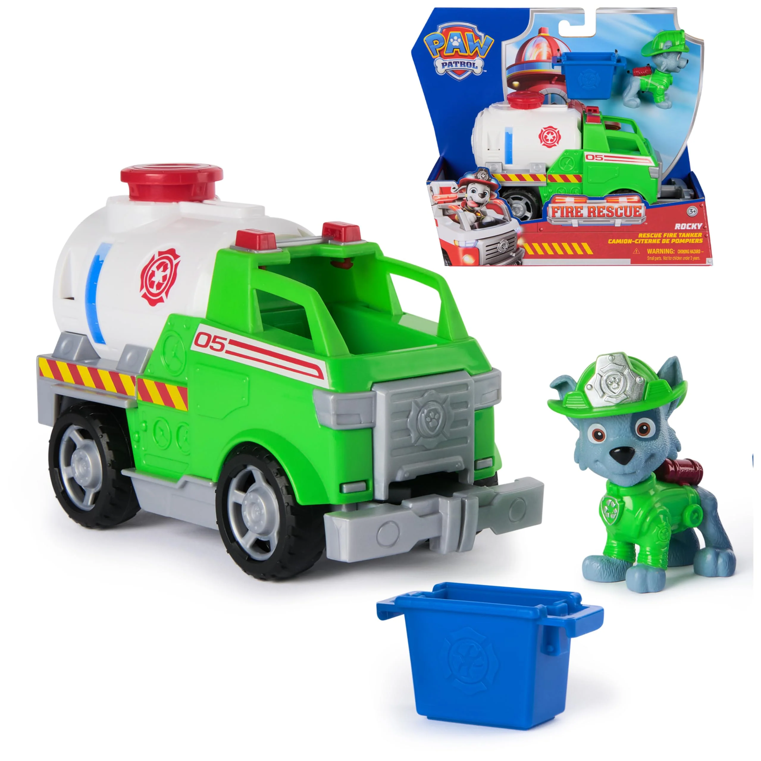 PAW PATROL Fire Rescue - Rockys Tanklaster mit Greiferklaue und Behälter sowie Rocky Hundefigur, Spielzeug für Kinder ab 3 Jahren
