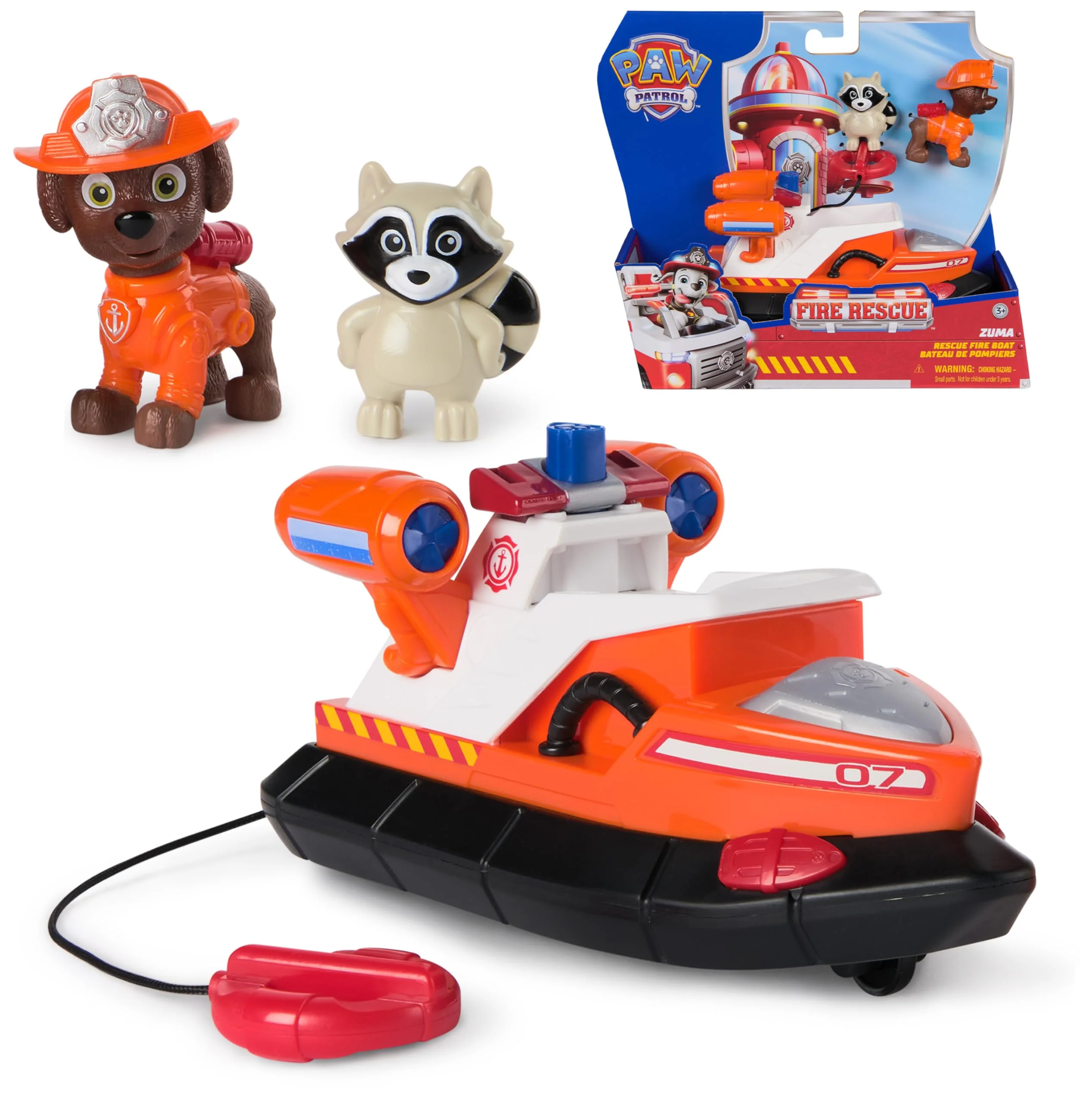 PAW PATROL Fire Rescue - Zumas Rettungsboot mit Zuma Hundefigur und Waschbärenfigur, Spielzeug für Kinder ab 3 Jahren