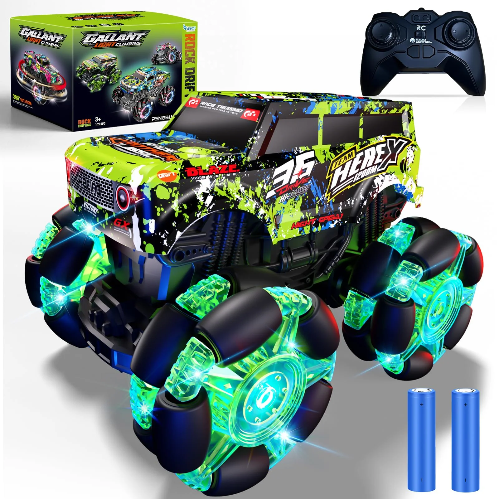 PENGBU RC Ferngesteuertes Auto ab 3 4 6 Jahre, 2.4GHz Monstertruck Ferngesteuert mit Licht Reifen und Musik, 1/20 Ferngesteuerter Monstertruck mit 360°Drehung und 2 Akku, Jungs 3 4 5 6 7 8 Jahre