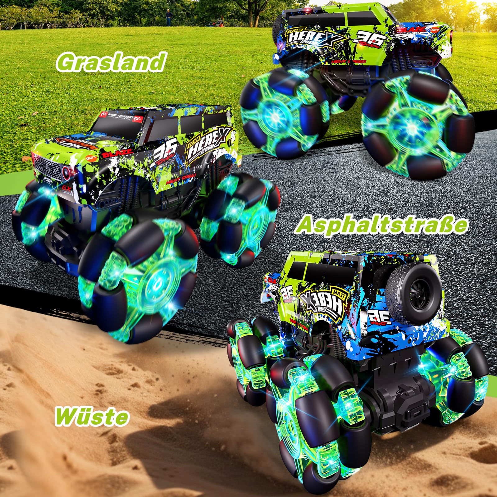 PENGBU RC Ferngesteuertes Auto ab 3 4 6 Jahre, 2.4GHz Monstertruck Ferngesteuert mit Licht Reifen und Musik, 1/20 Ferngesteuerter Monstertruck mit 360°Drehung und 2 Akku, Jungs 3 4 5 6 7 8 Jahre - Image 3